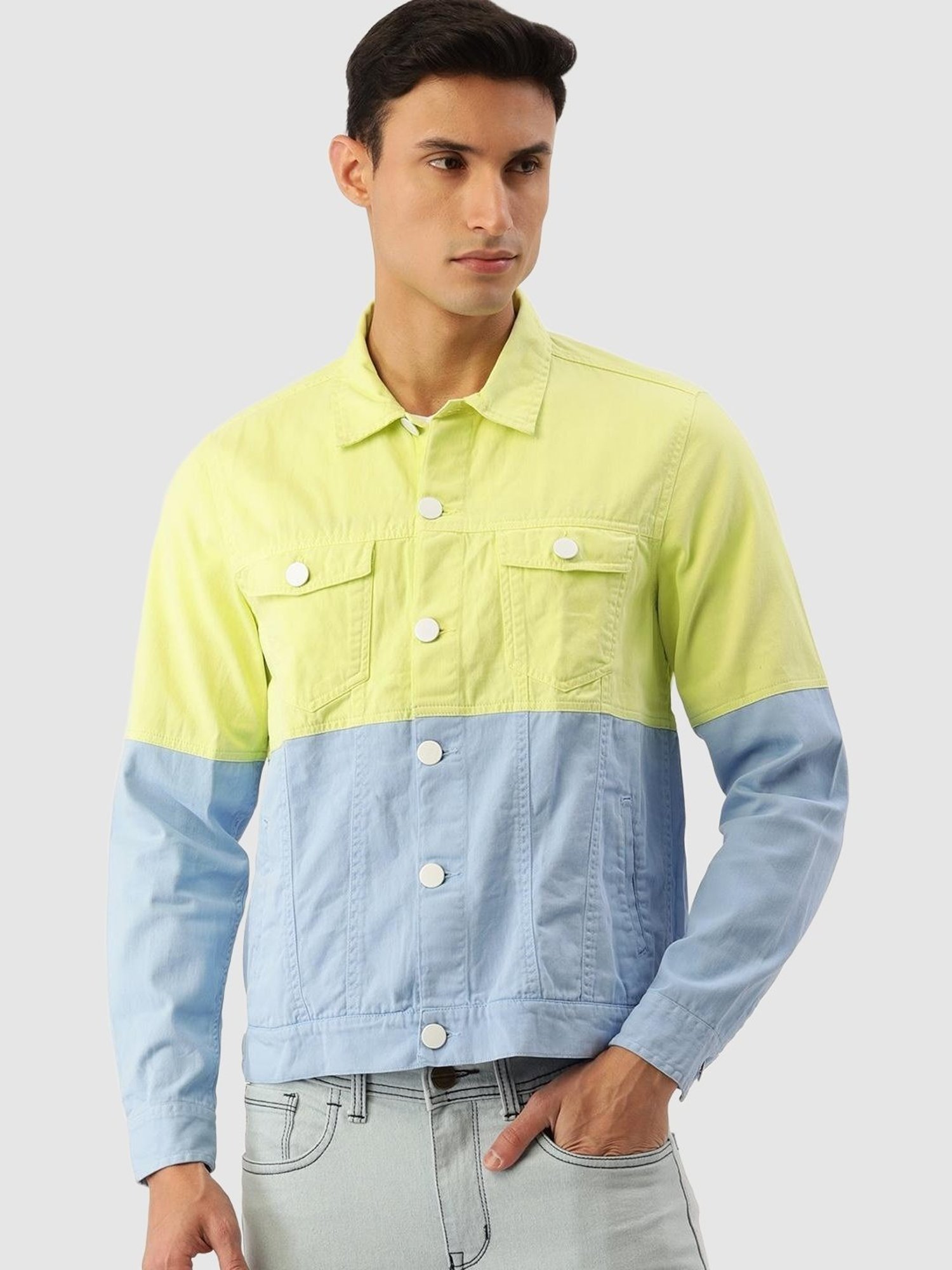 Men's Yellow Colourblock Denim Denim Jackets