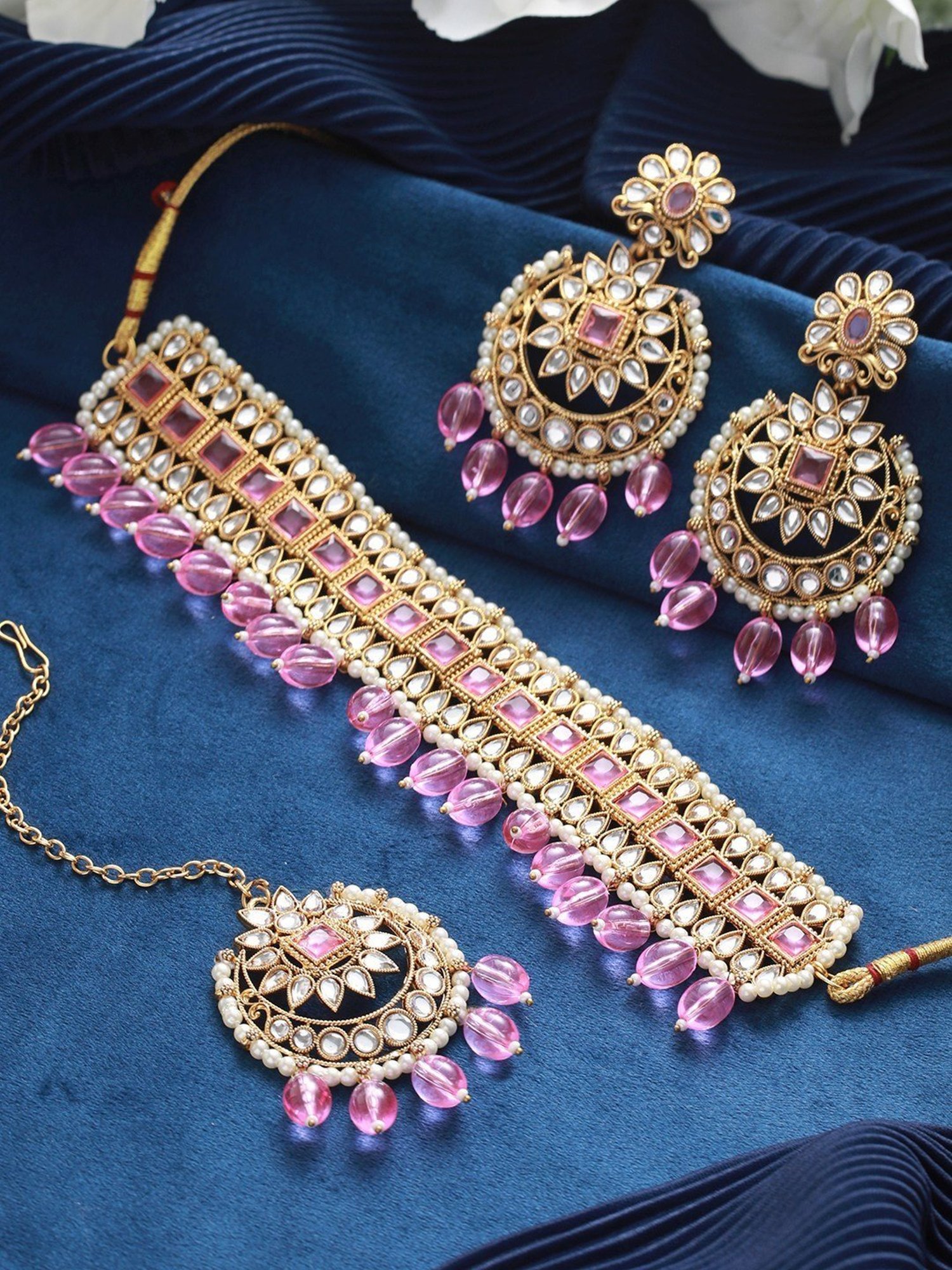 Scalloped Pink Diamond Marquise - Rhinestone Deity Necklace - And Earr -  Radhika Store