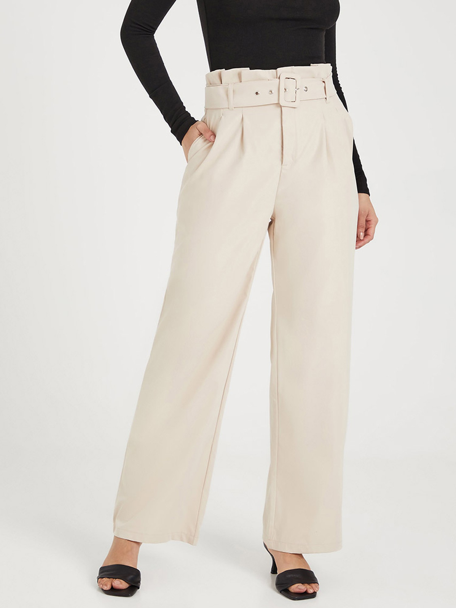 Beige paperbag wide leg trousers  River Island