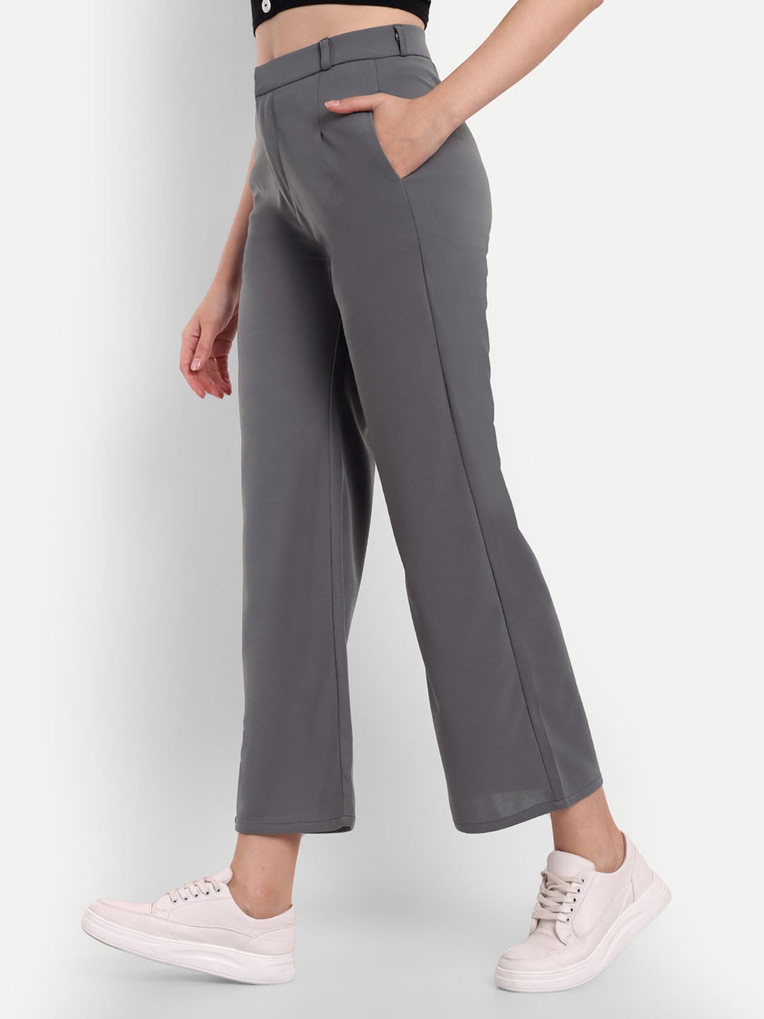 Broadstar Grey Straight Fit High Rise Cargo Pants