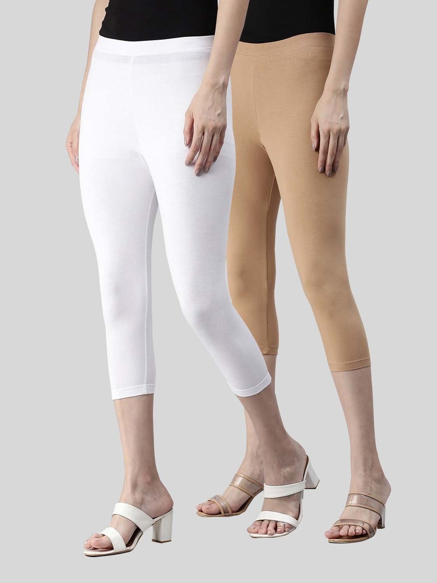 Buy Kryptic White & Maroon Soild Crop Length Leggings - Pack Of 2