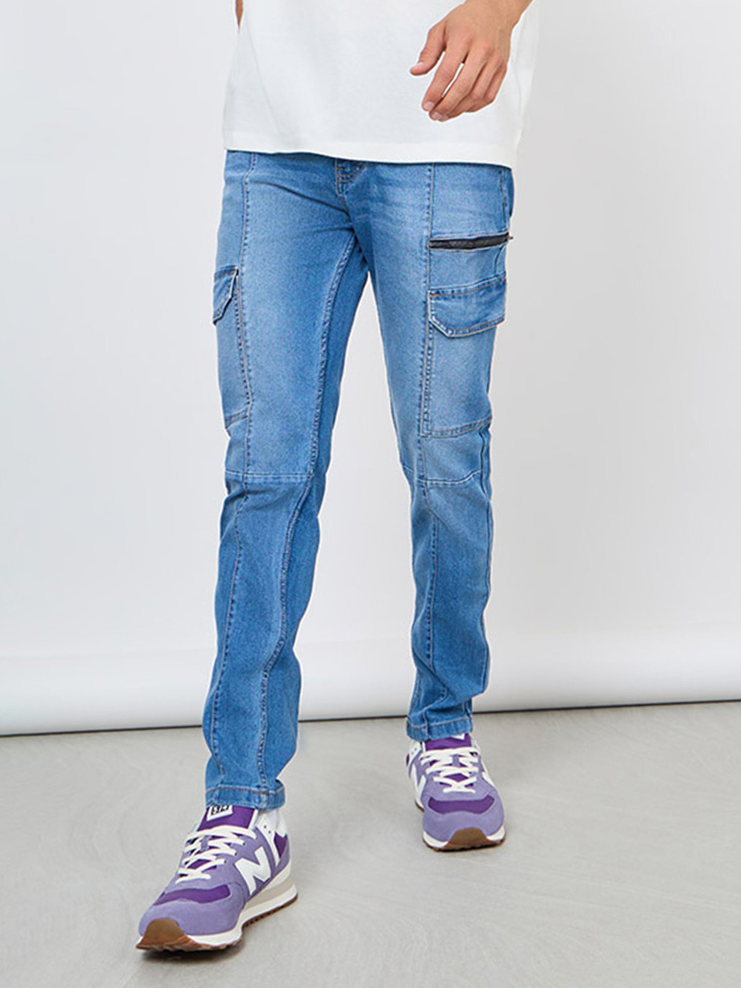 Buy Styli Blue Slim Fit Lightly Washed Cargo Jeans for Men's