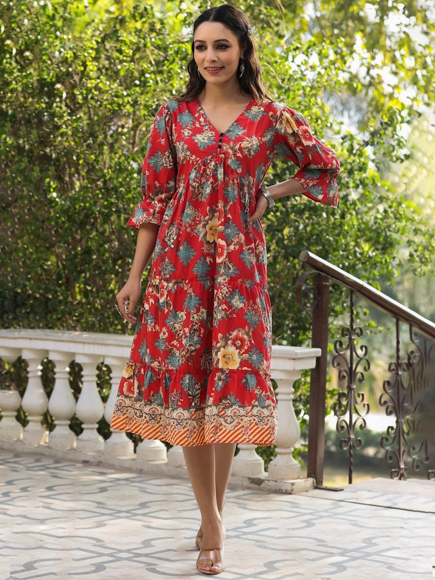 Red checks strapy handloom cotton dress with foral emboidery on yoke –  Sujatra