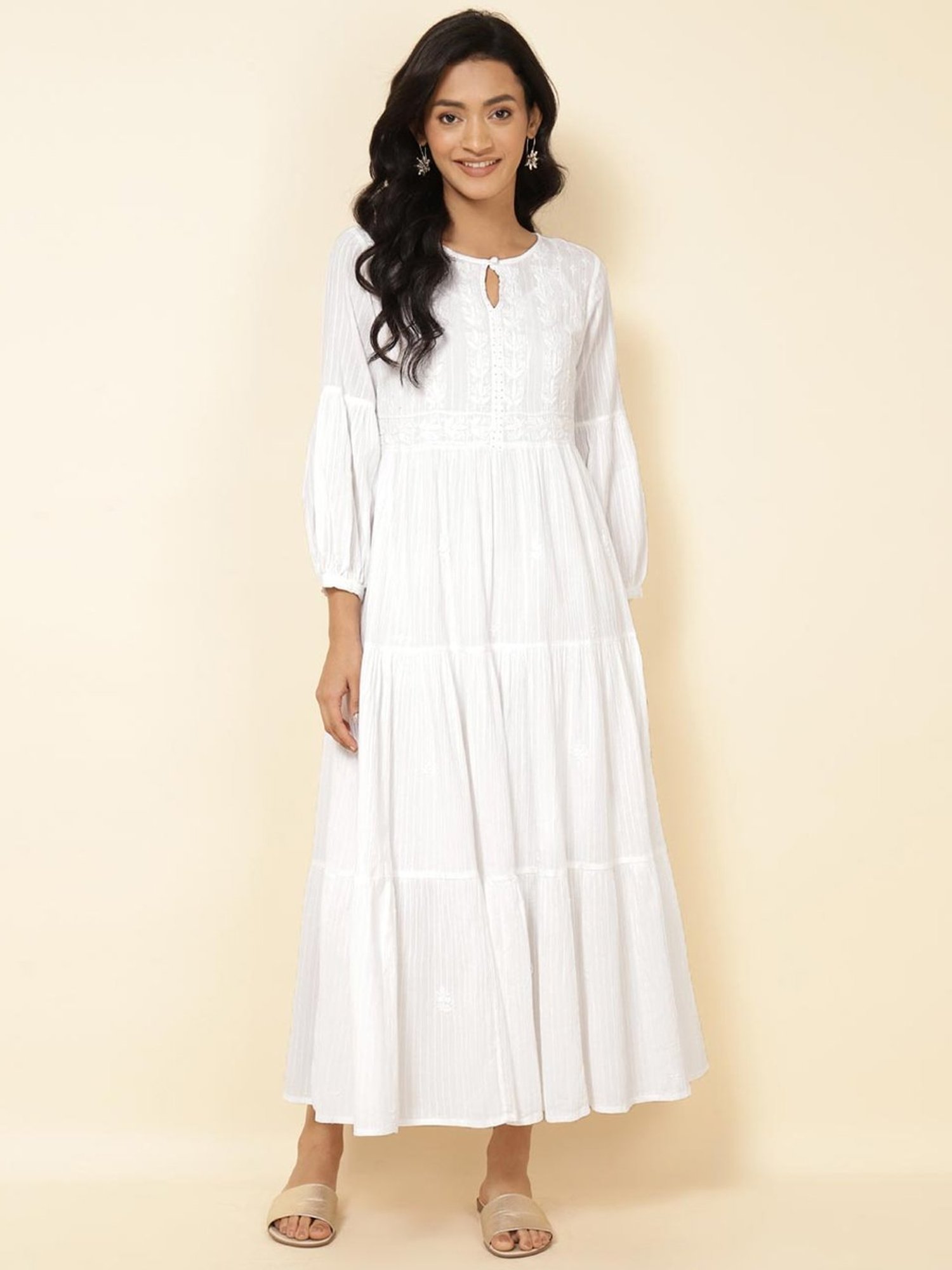 Fabindia White Cotton Embroidered Maxi Dress With Slip