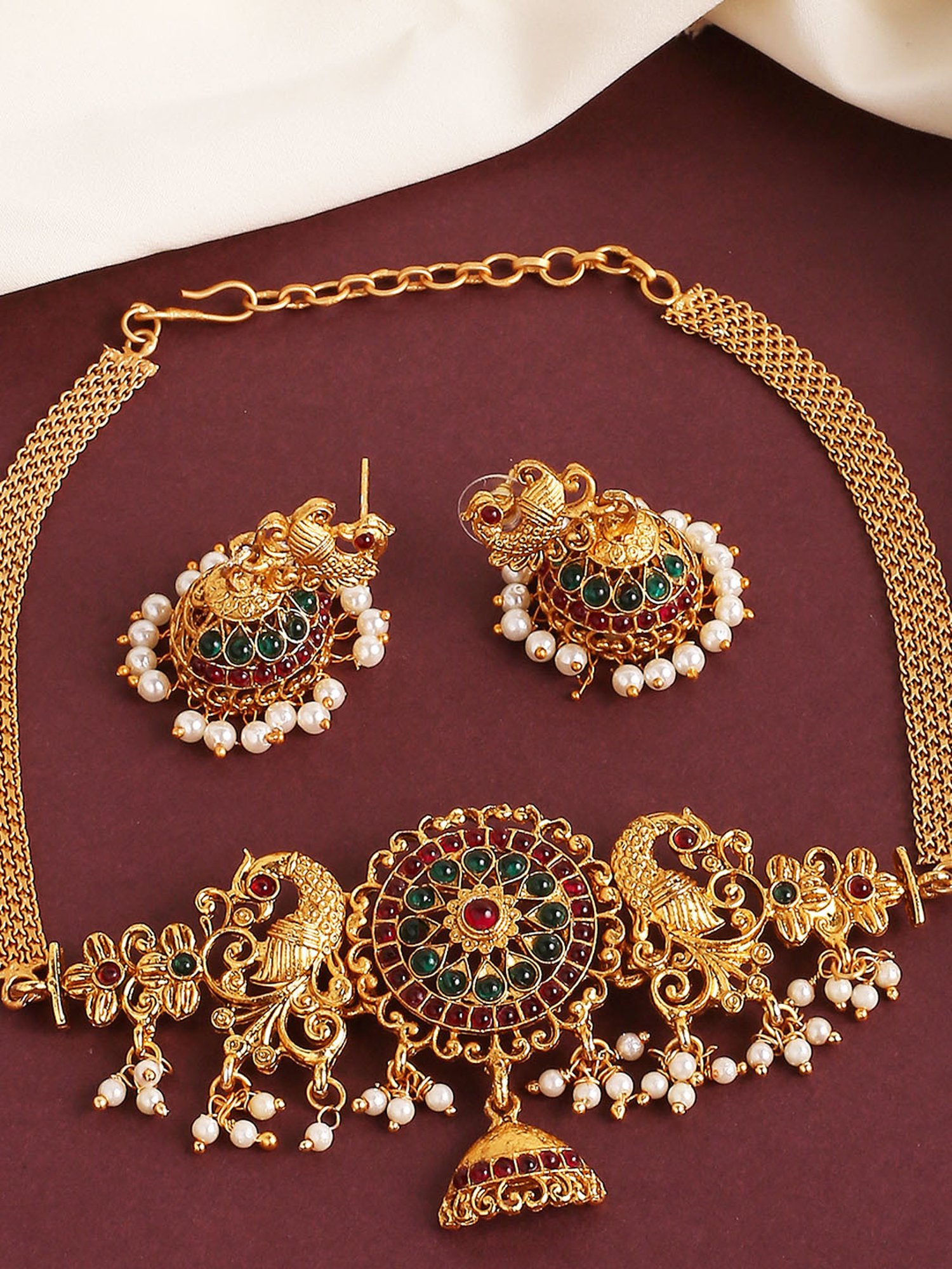 Buy OOMPH Jewellery Antique Gold Tone Red & Green Stone Peacock