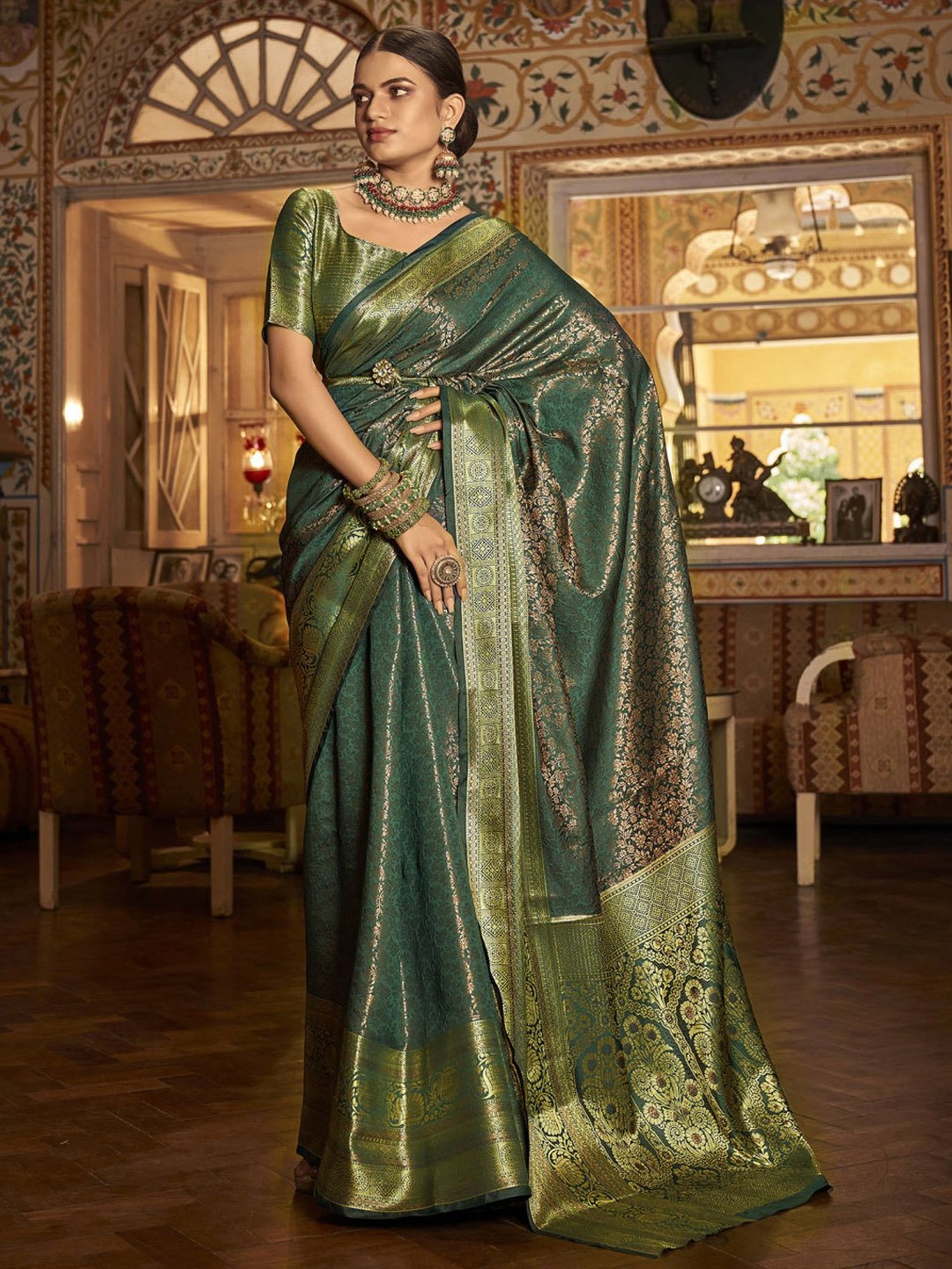 Satrani Pista Green Embroidered Saree With Unstitched Blouse