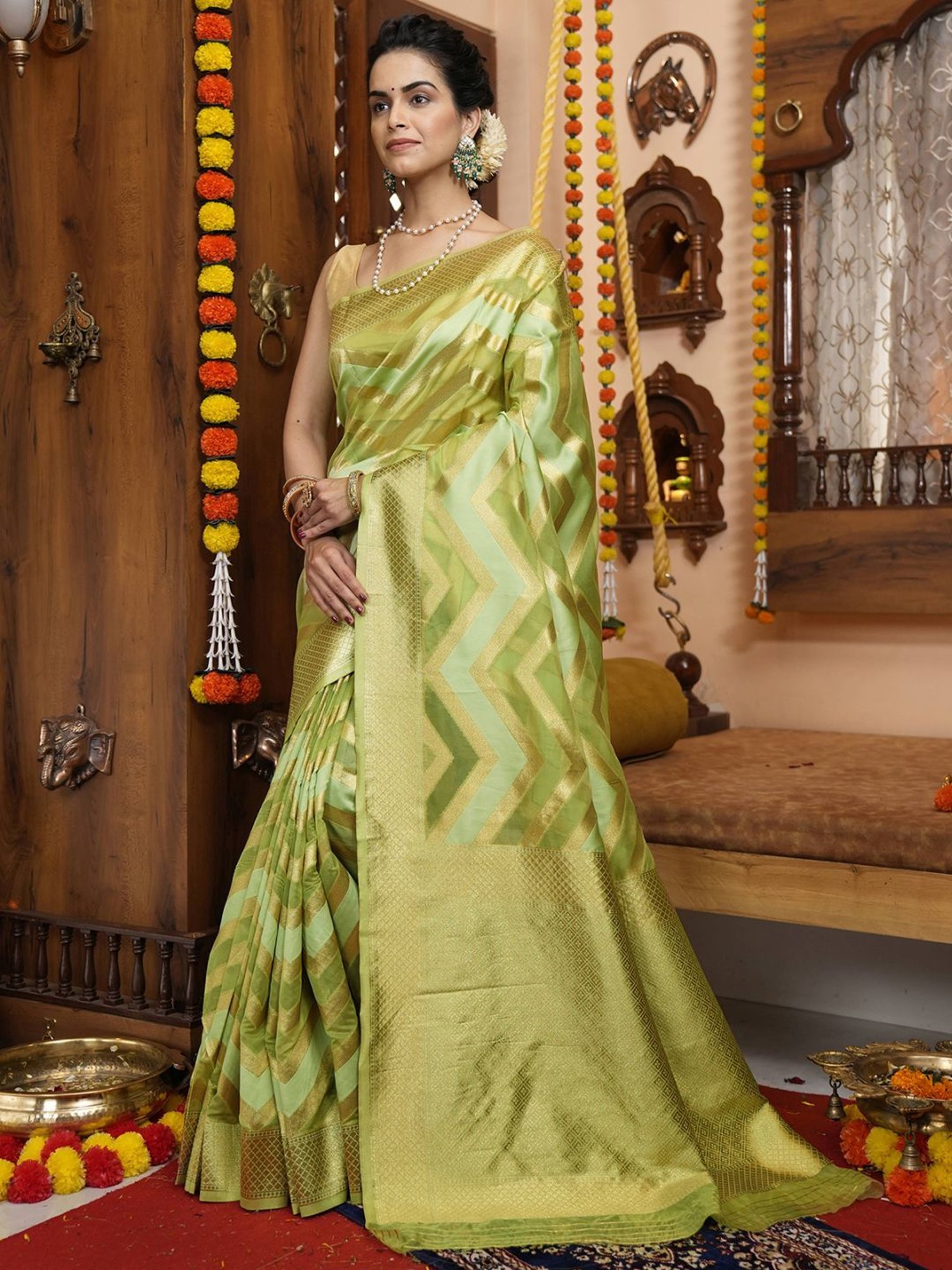 Satrani Pista Green Embroidered Saree With Unstitched Blouse