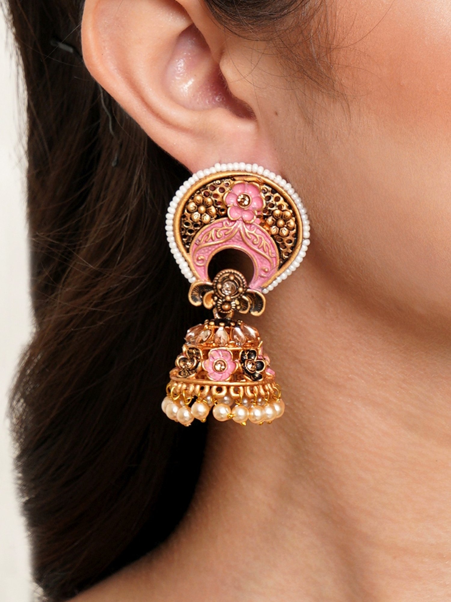 Buy South Indian Impon Jewellery White and Ruby Stone Ear Chain Mattal for  Earrings