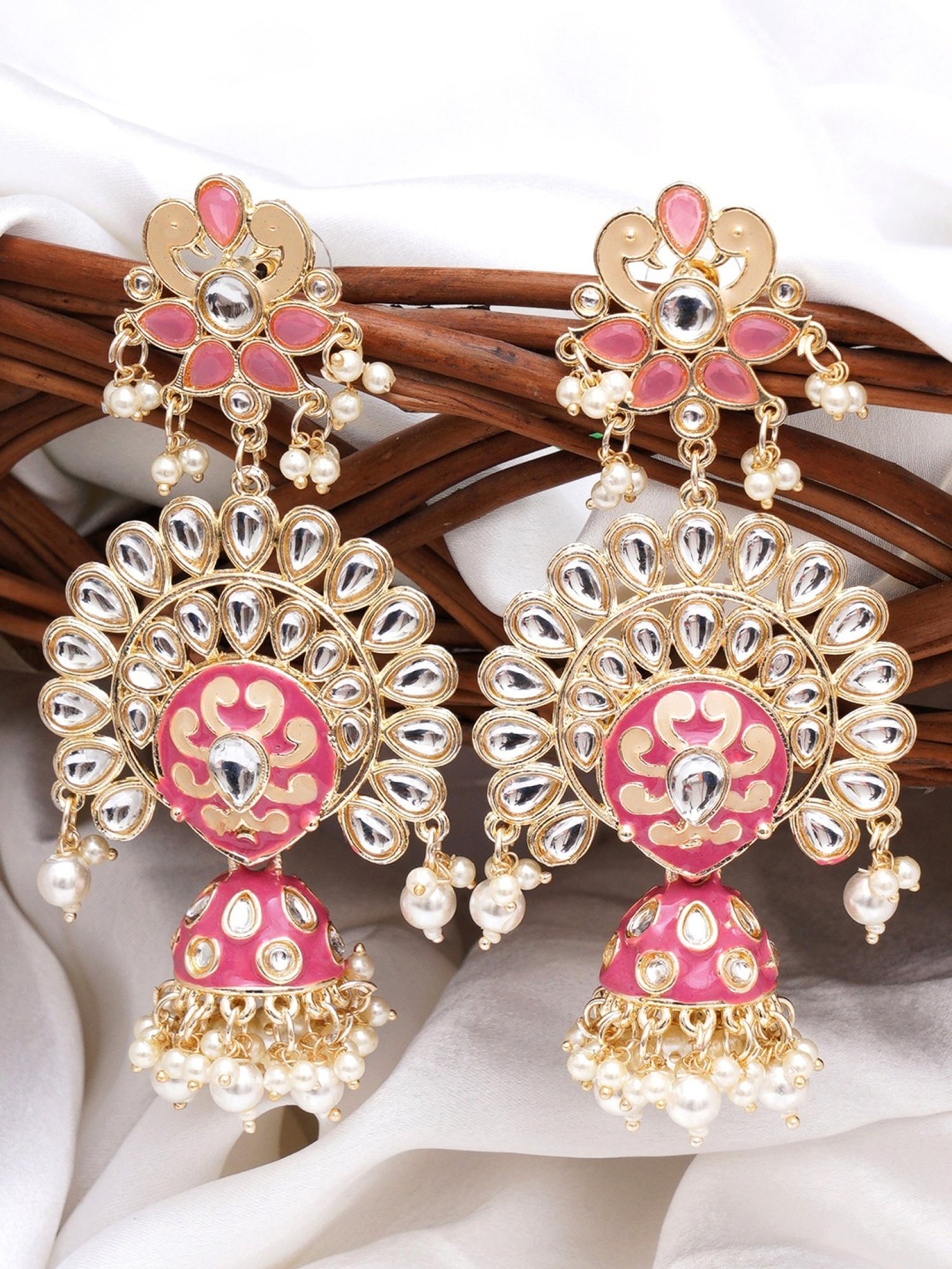 Light pink stone earrings with fancy cut cz and pearl drop 