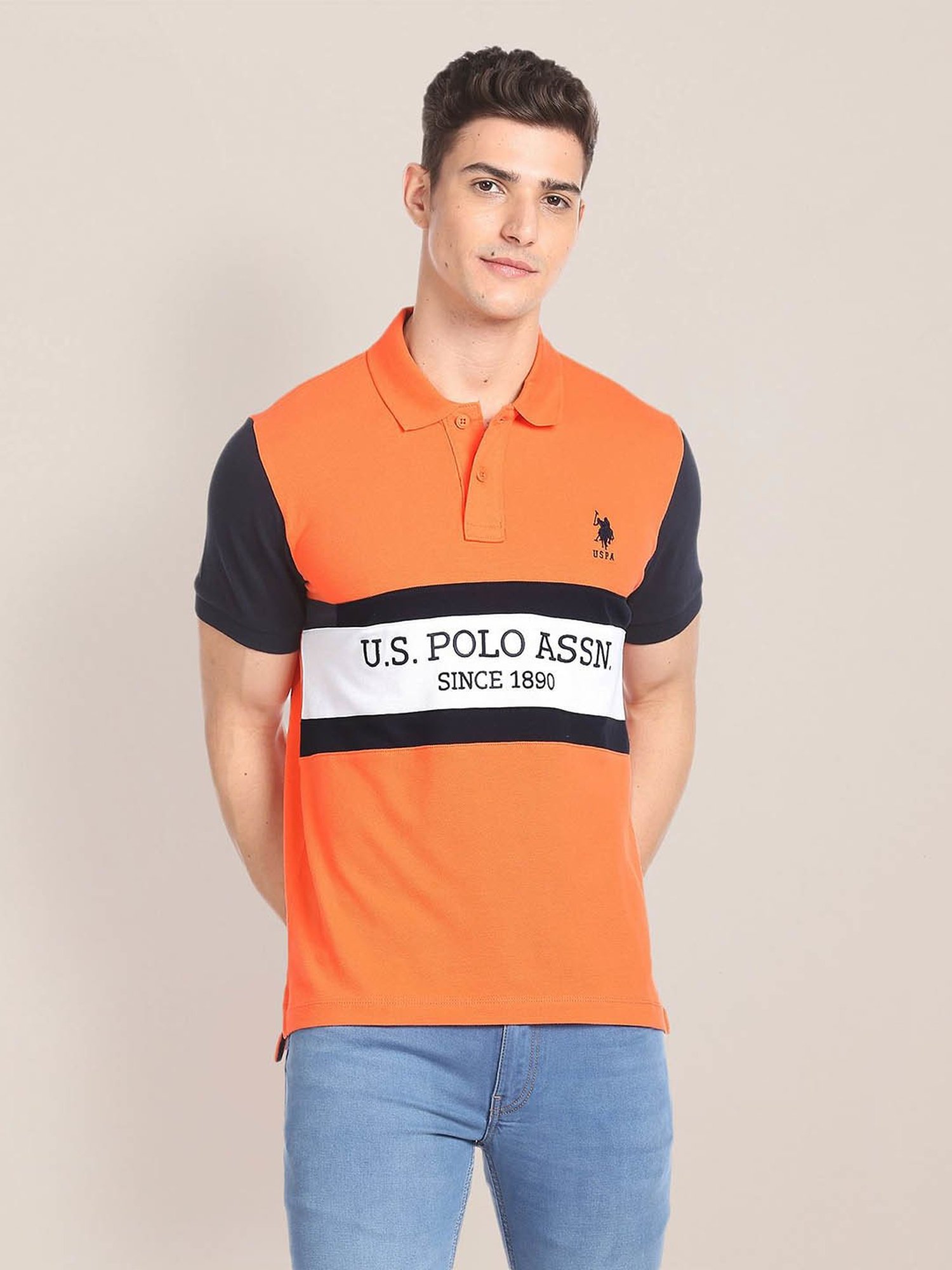 Buy U.S. Polo Assn. Orange And White Cotton Colour Block Polo T