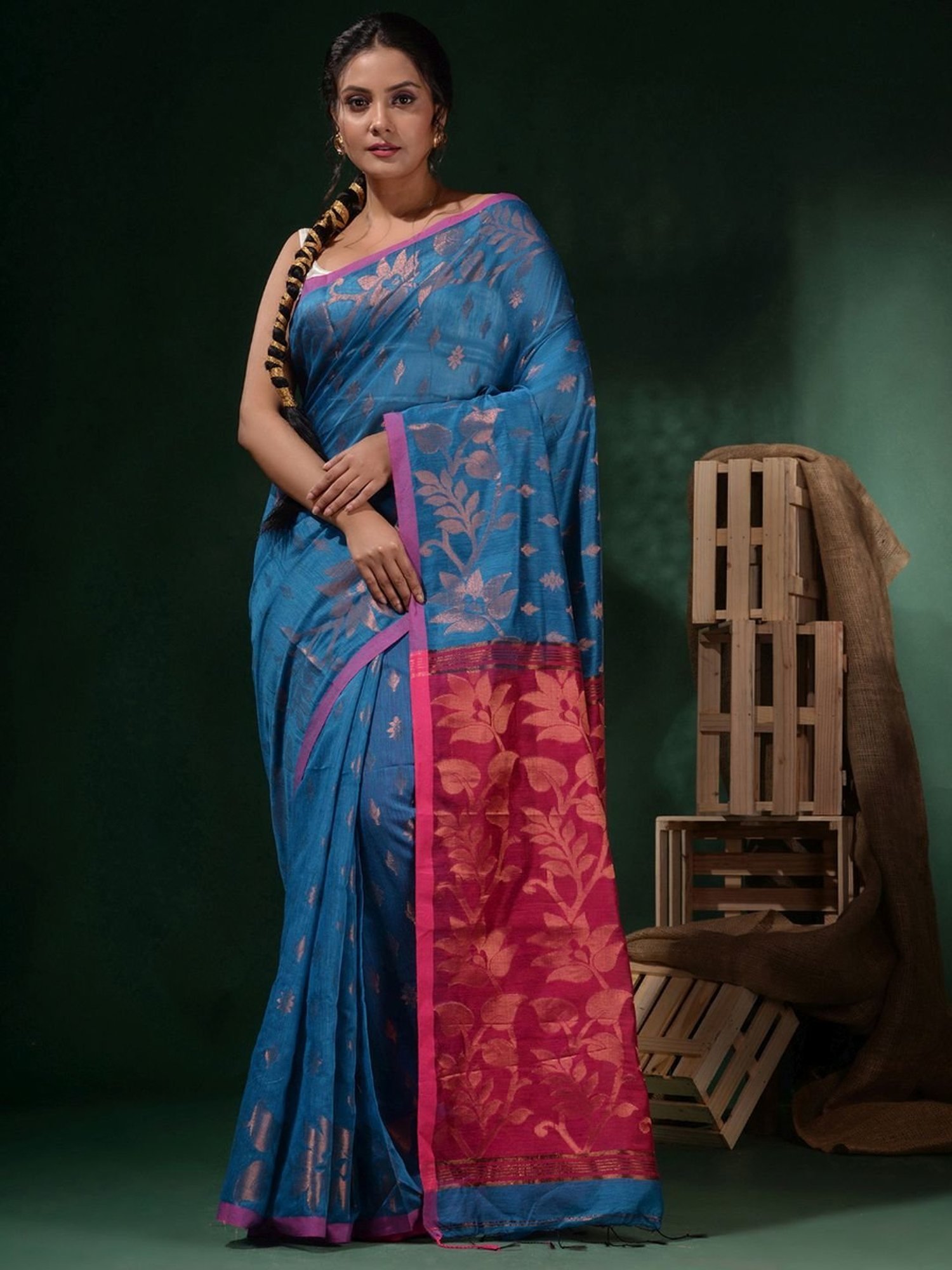 CHARUKRITI Blue & Pink Silk Woven Saree With Unstitched Blouse