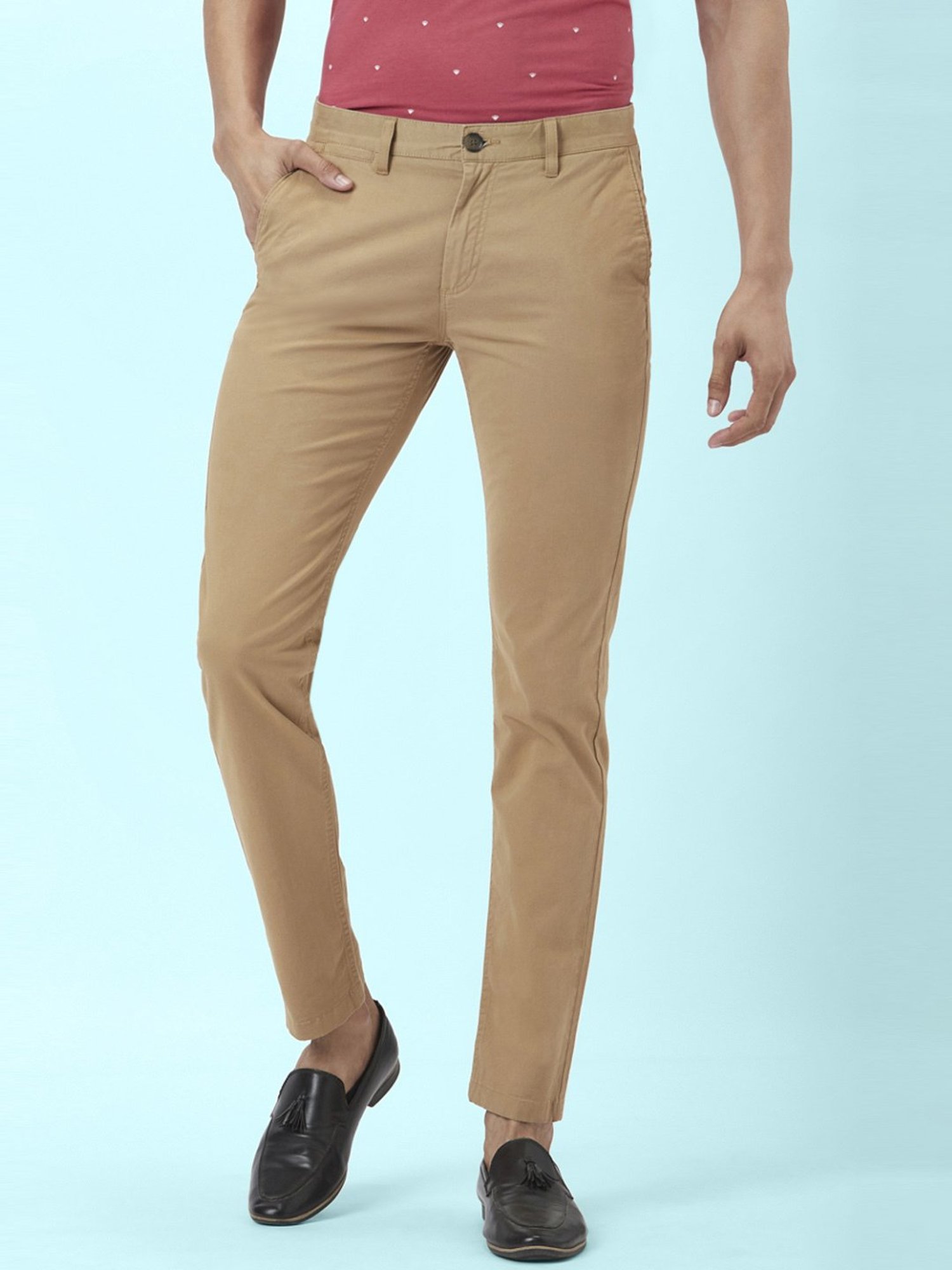 BASICS COMFORT FIT KHAKI SATIN WEAVE POLY COTTON TROUSERS