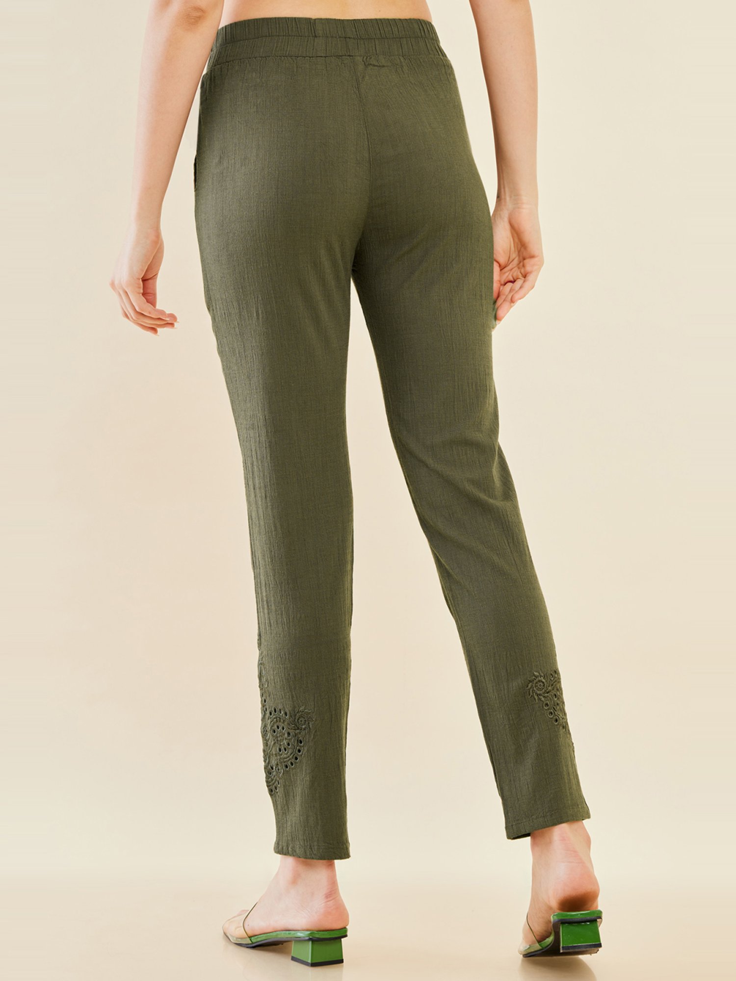 Lyra Green Cotton Ankle Length Pants