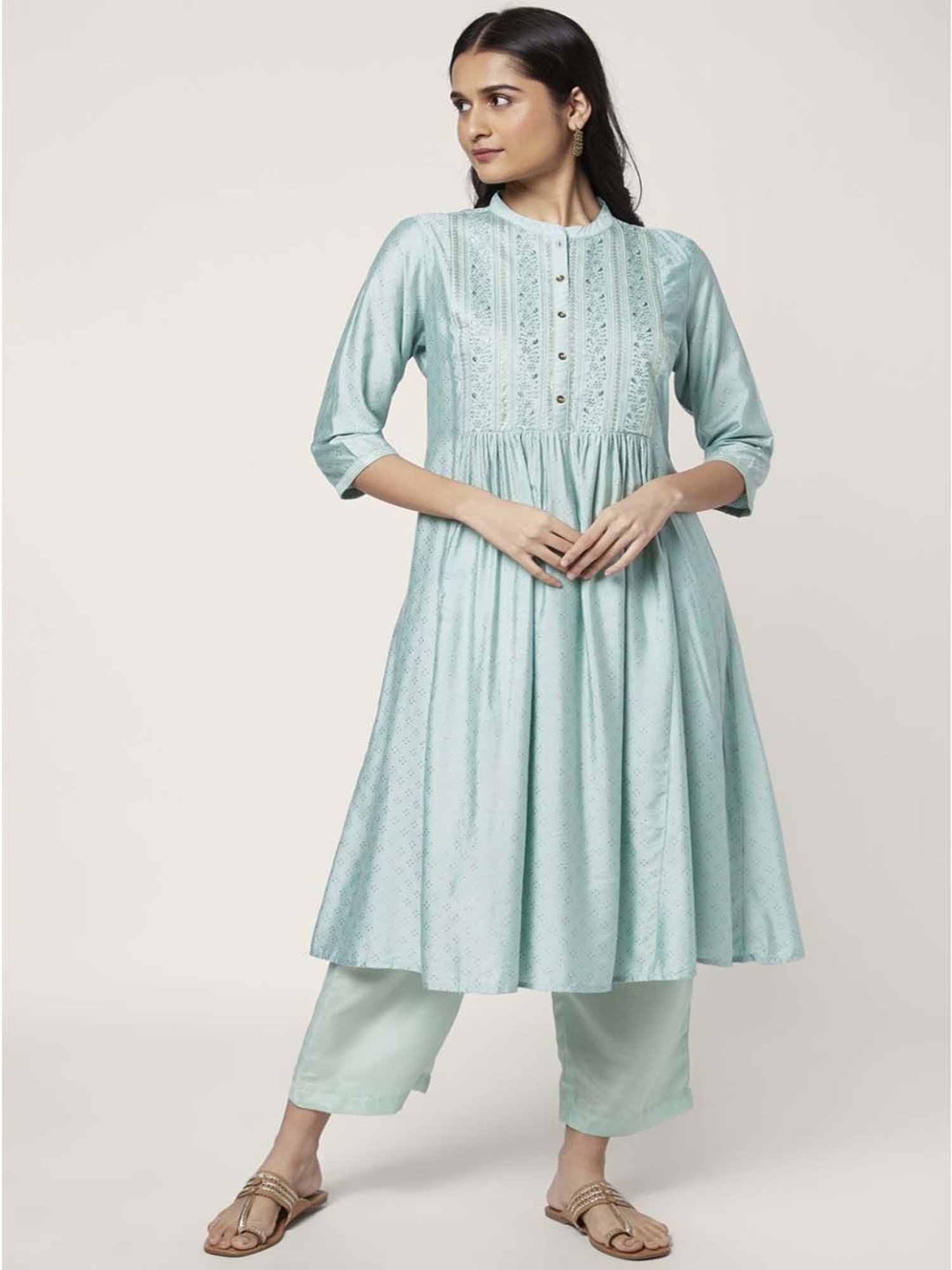 Rangmanch by Pantaloons Sea Green Cotton Embroidered Kurta