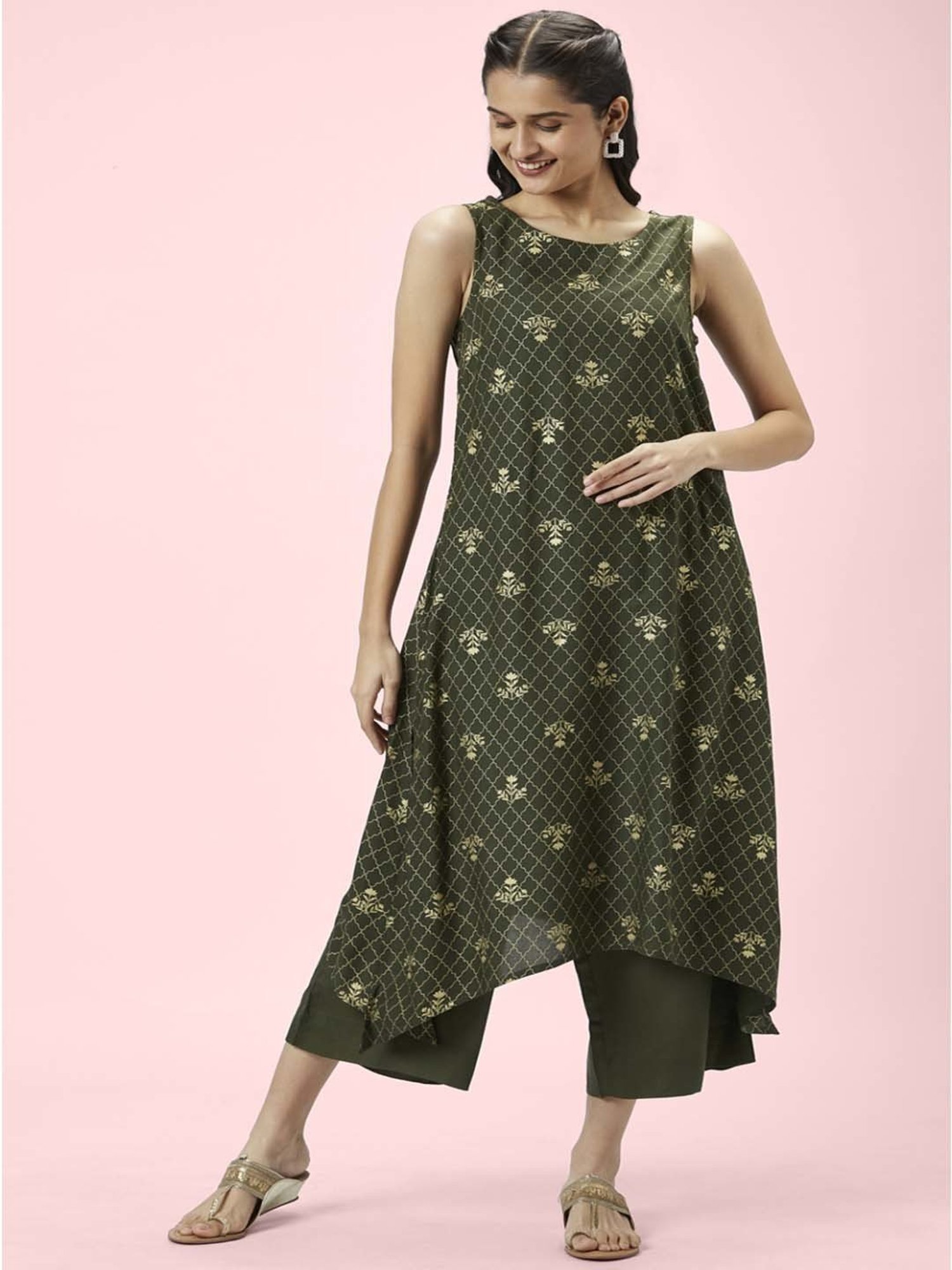 Rangmanch by Pantaloons Teal Green Cotton Floral Print Kurta Palazzo Set