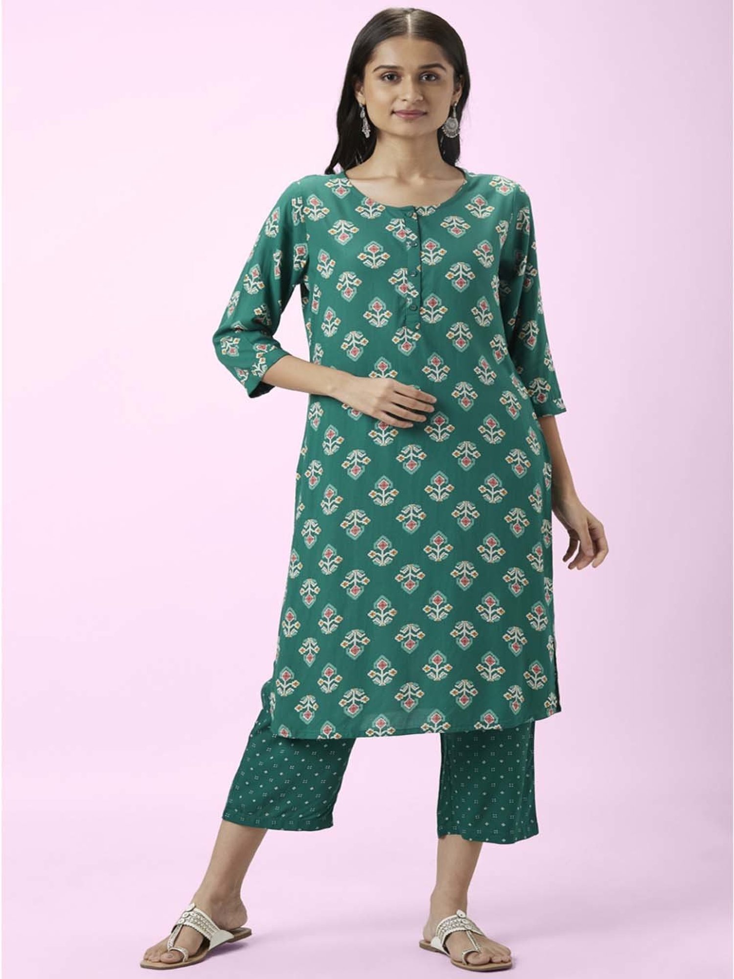 Rangmanch by Pantaloons Teal Green Cotton Floral Print Kurta Palazzo Set