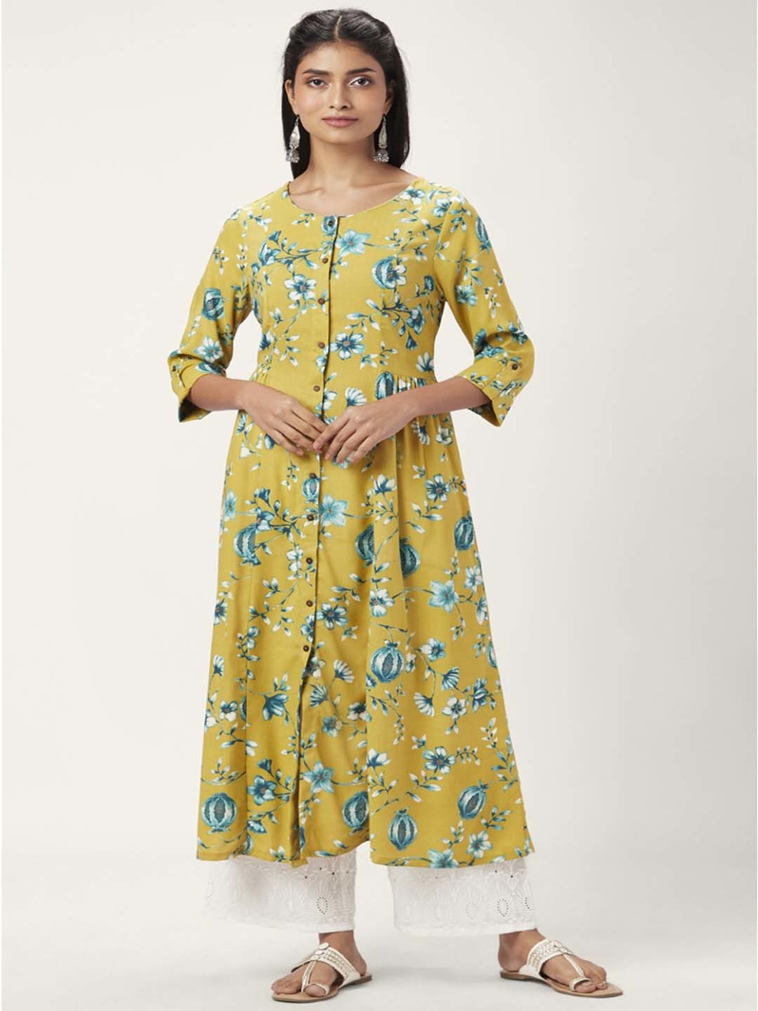 Rangmanch by Pantaloons Yellow Cotton Printed A Line Kurta