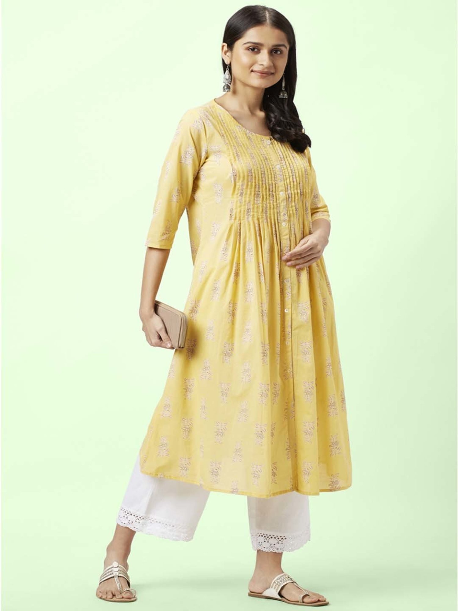 Rangmanch by Pantaloons Yellow Cotton Printed A Line Kurta