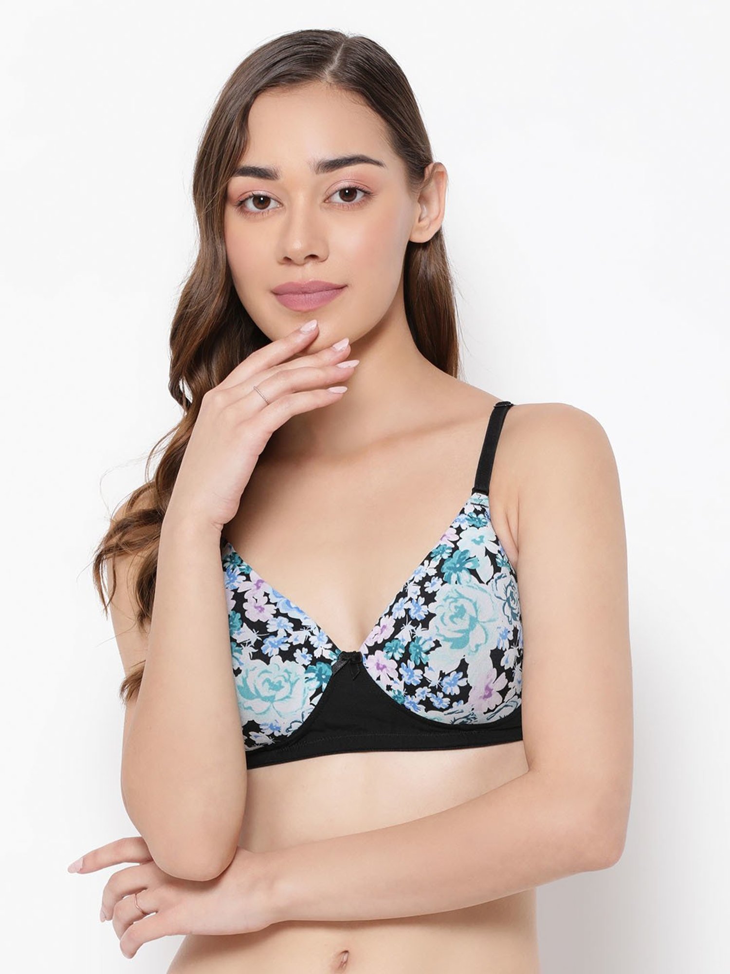 Clovia Black Floral Print Full Coverage Non-Wired T-Shirt Bra