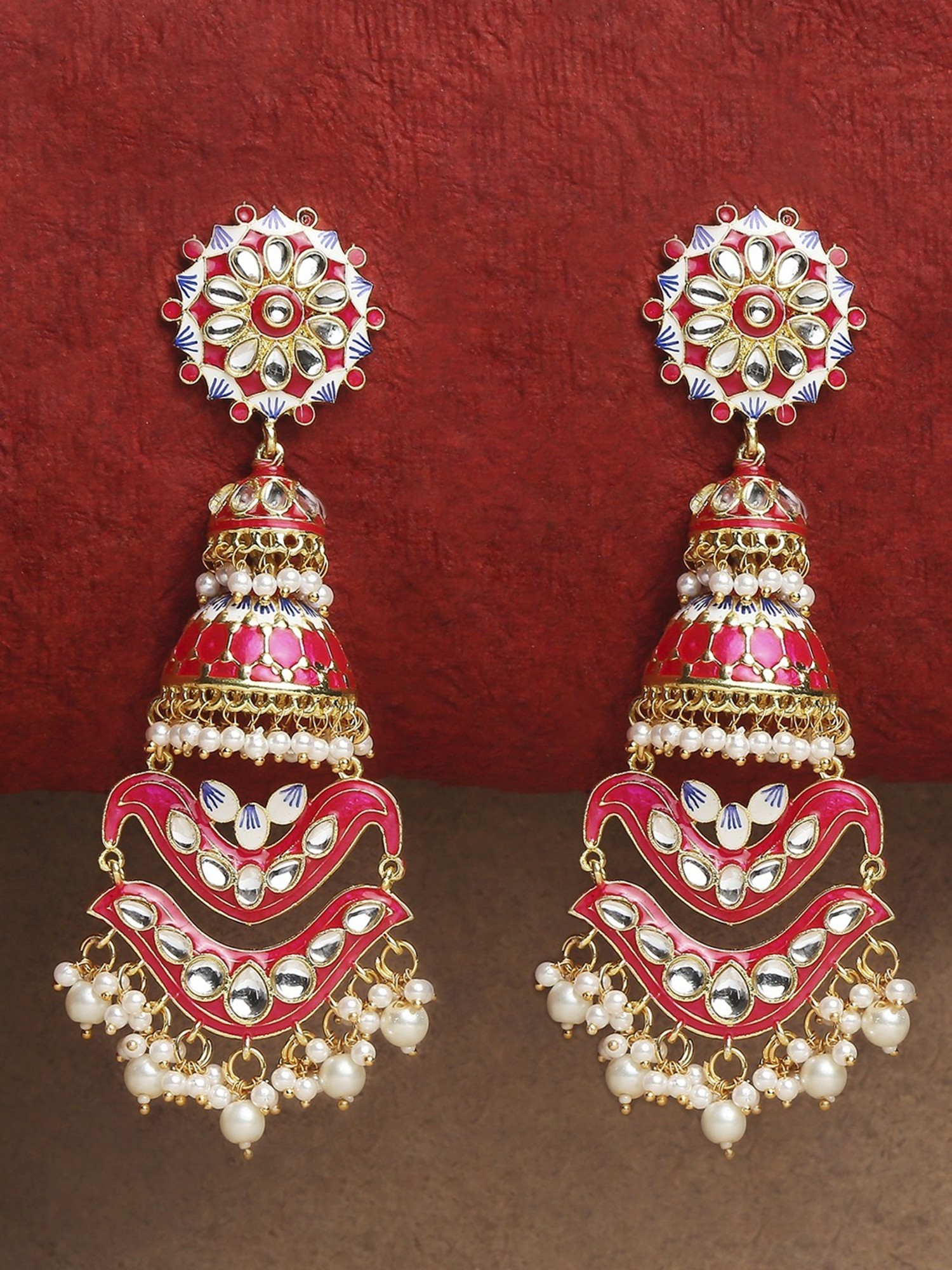 OOMPH Pink Minakari Enamel With Kundan  Pearls Ethnic Large Jhumka Earrings  Buy OOMPH Pink Minakari Enamel With Kundan  Pearls Ethnic Large Jhumka  Earrings Online at Best Price in India 