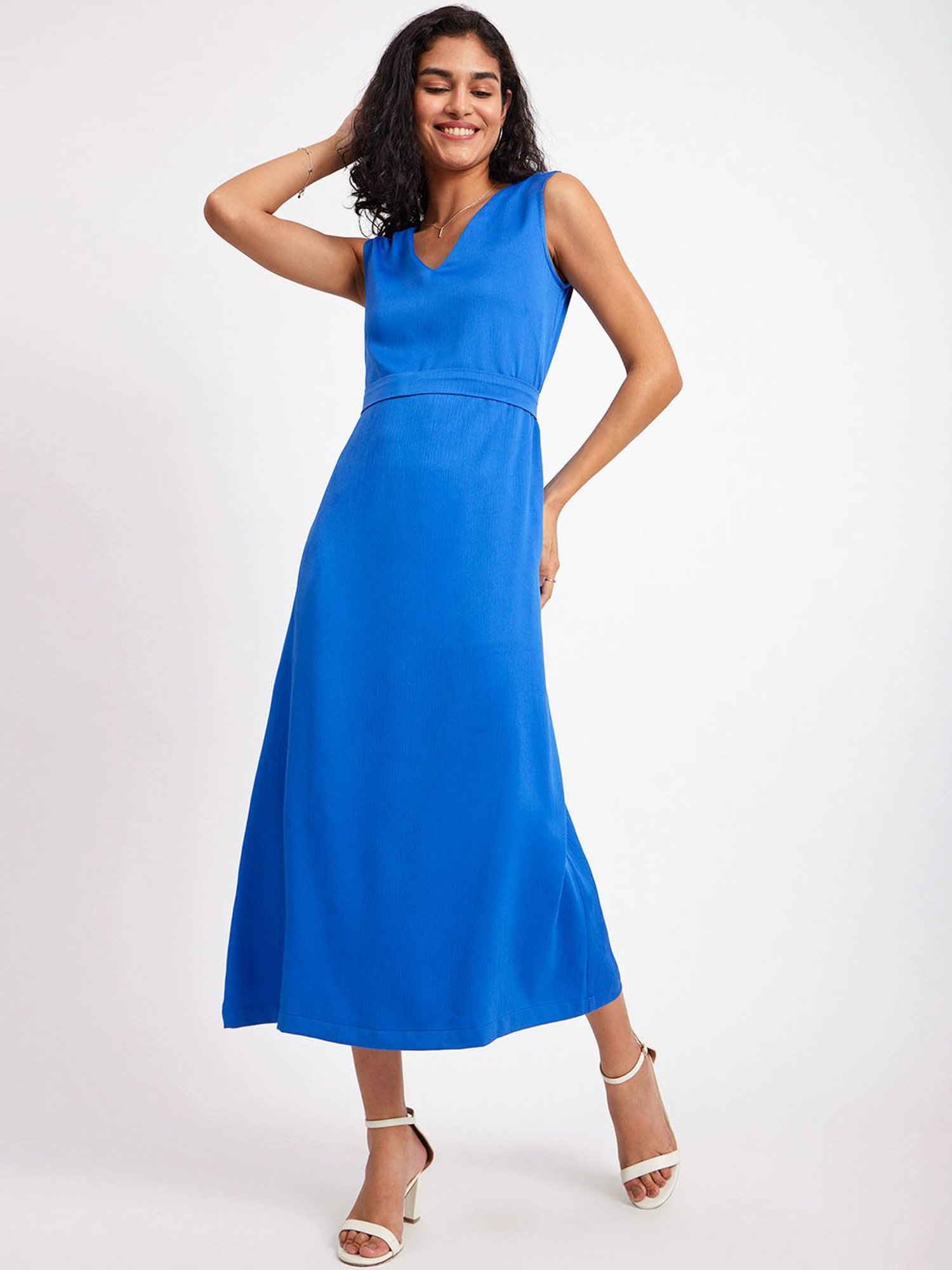 Satin long midi dress with a draped skirt blue 6M070 – RASARIO