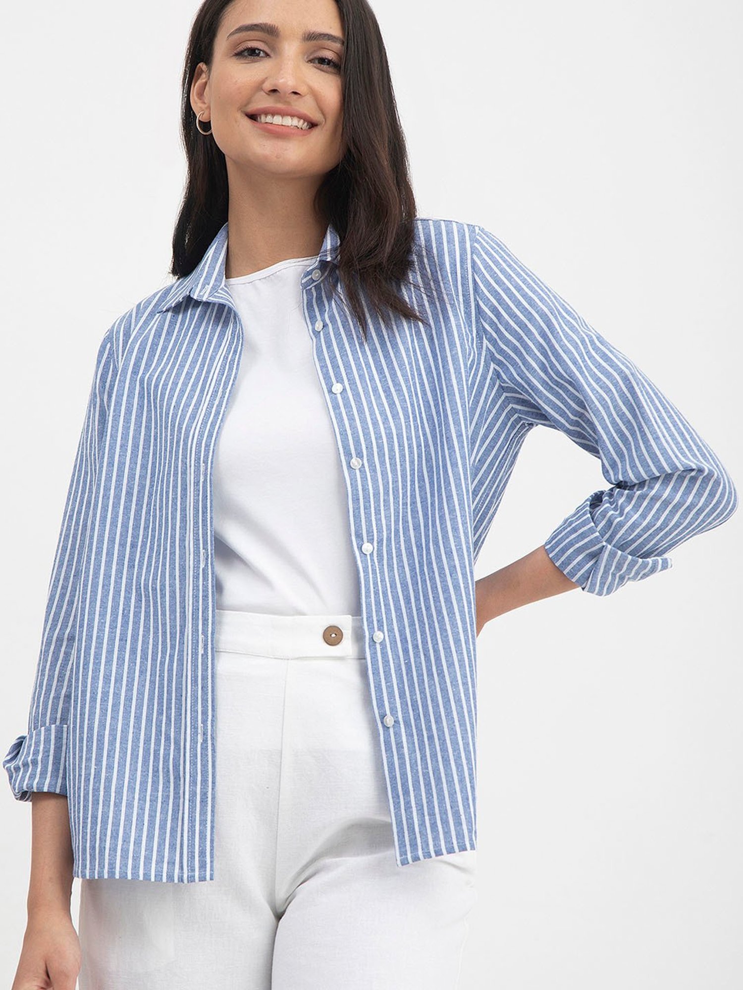 womens blue white striped shirt