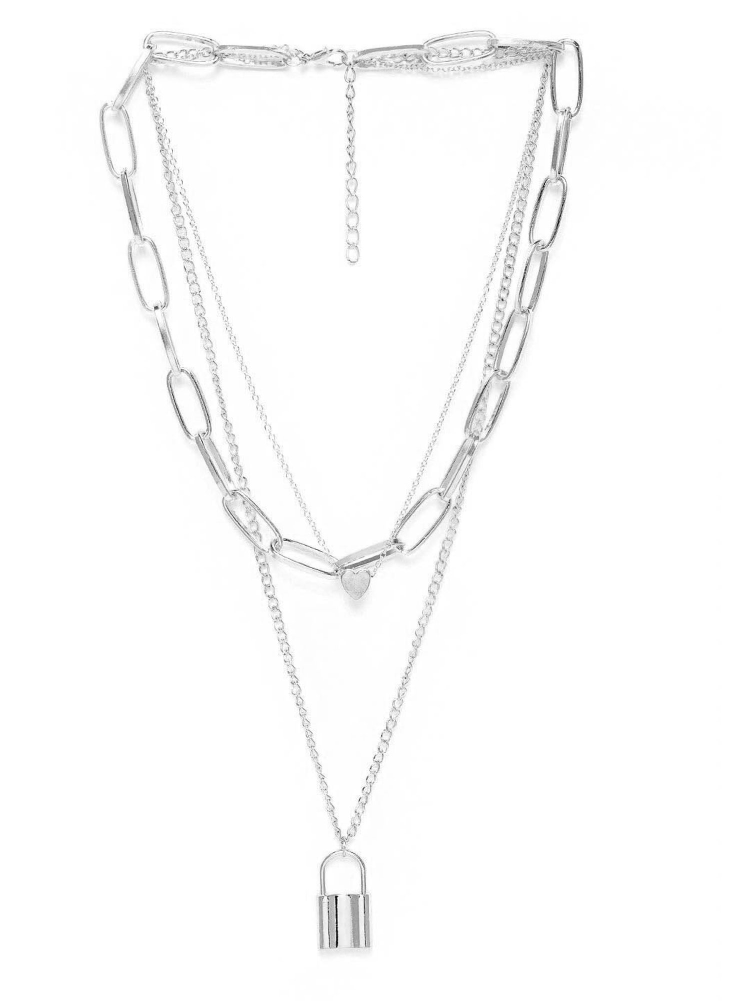 OOMPH Silver Tone Link Chain Heart & Lock Multi Layer Necklace
