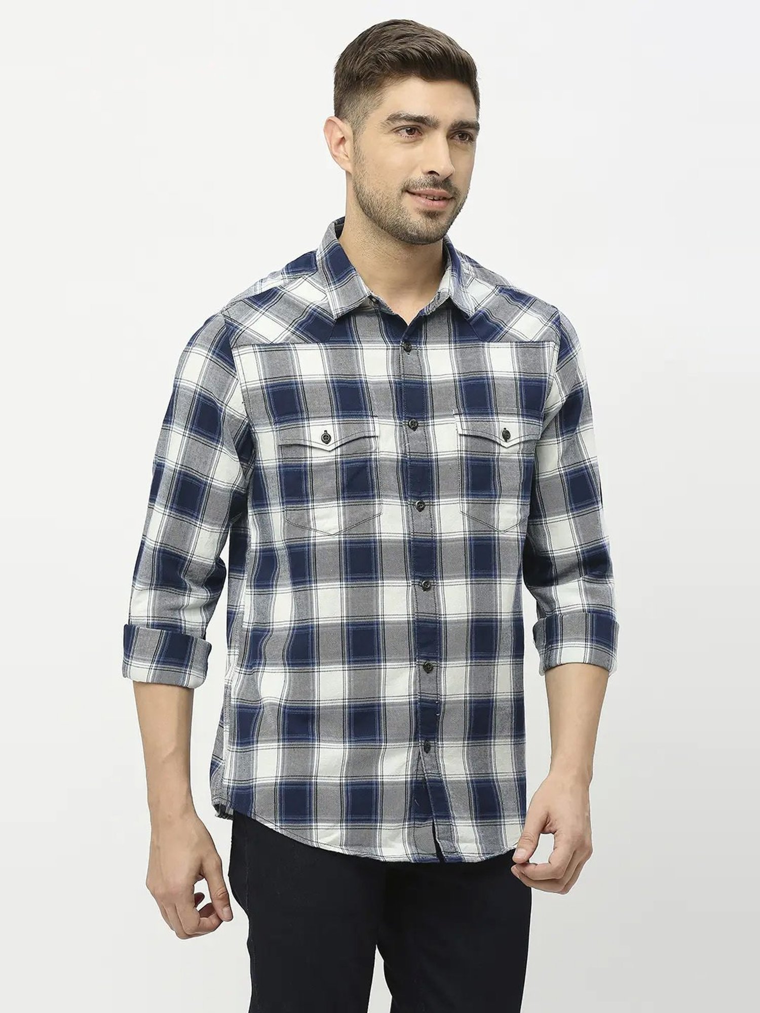 Buy OnlineSpykar Men Indigo Blue Cotton Twil Slim Fit Full Sleeve Checkred  Shirt