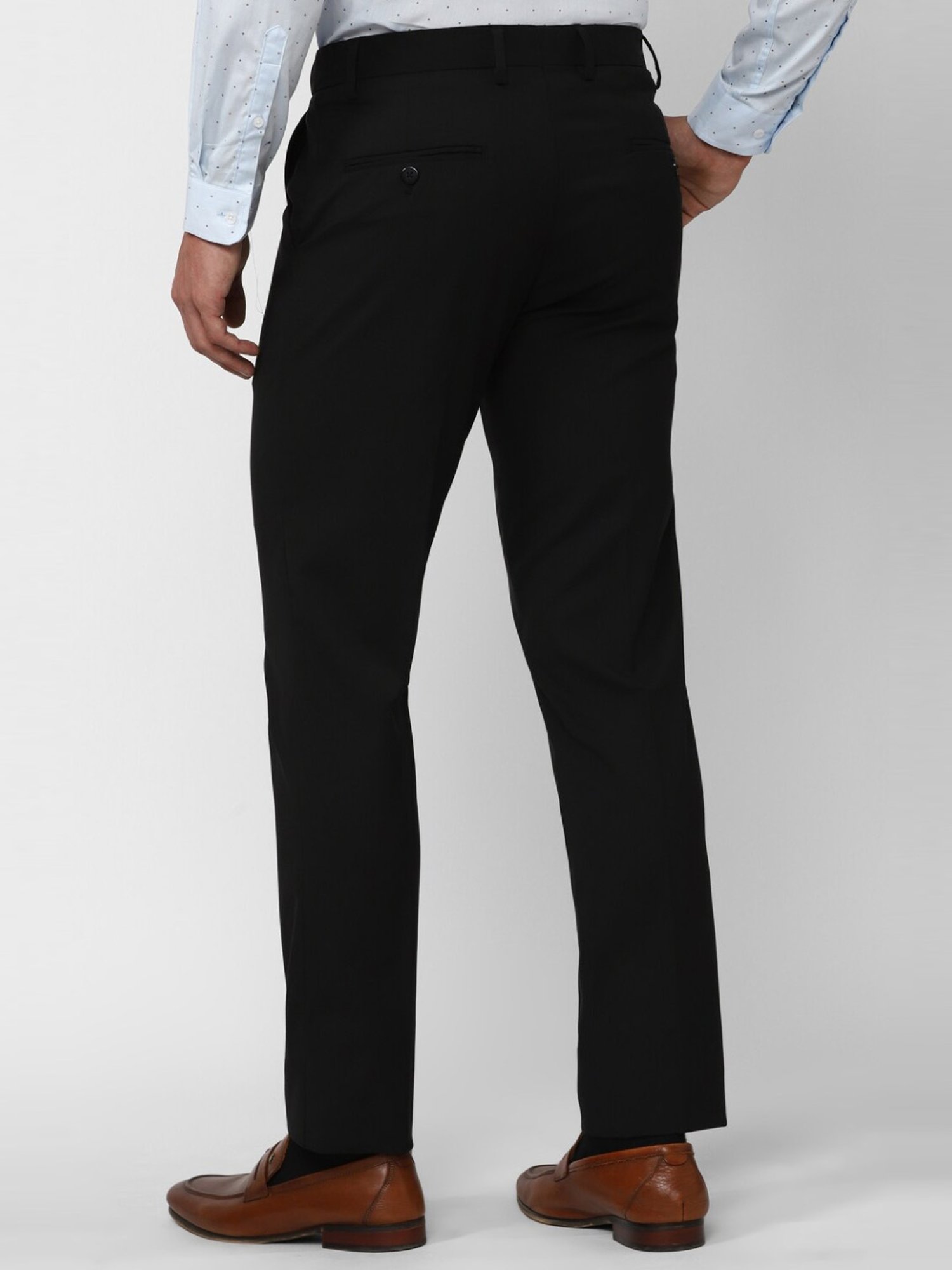 Peter England black roundshape insert front pockets with jetted back  pocket comfort fit cotton trousers