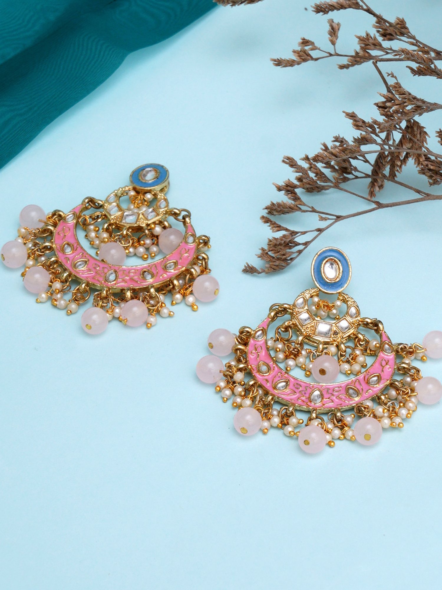 Gorgeous Nathdwara enamel drop earrings in blue and pink enamel. – Lai