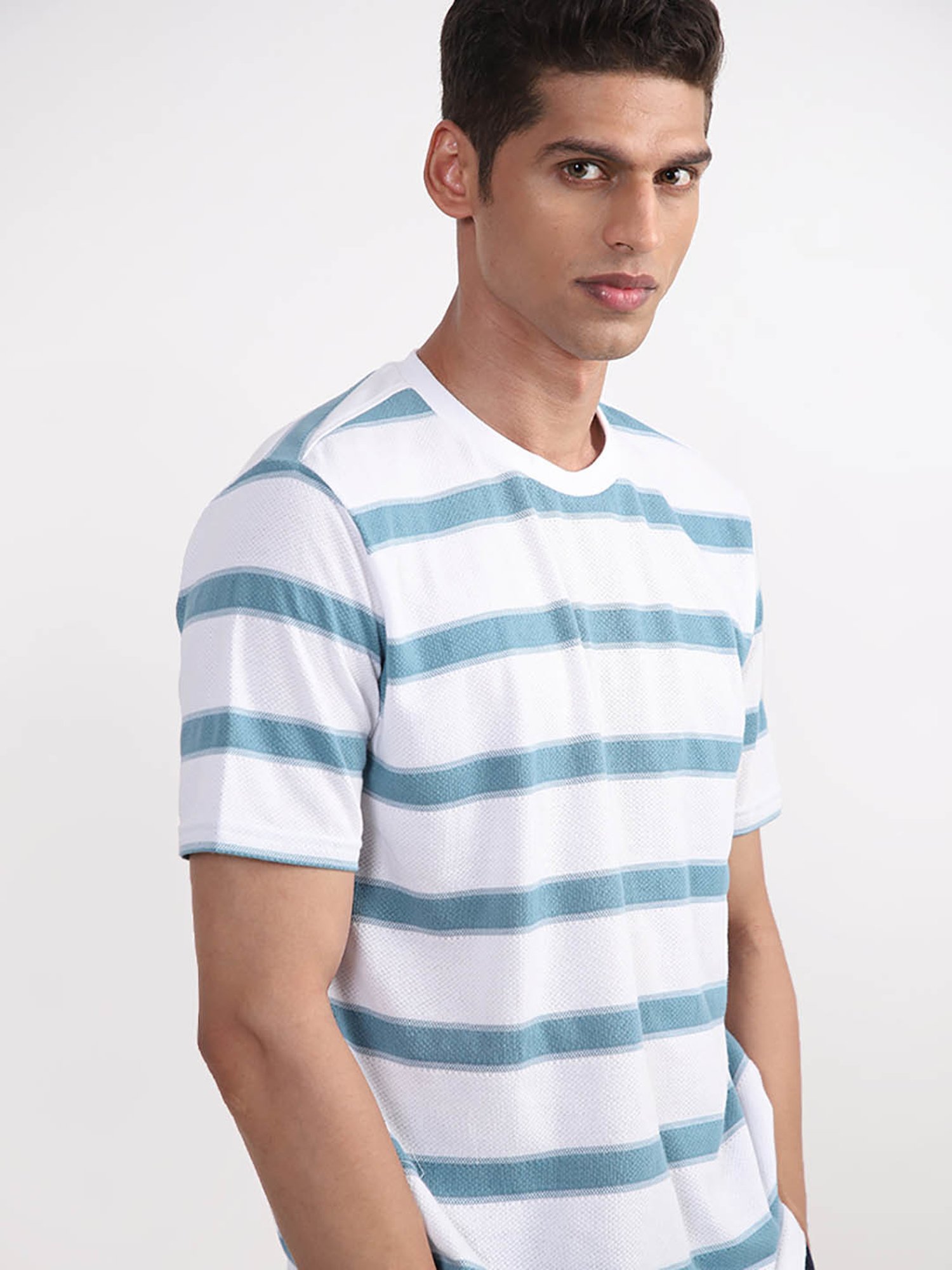 Shop Y&F Striped Sky Blue T-Shirt Online – Westside