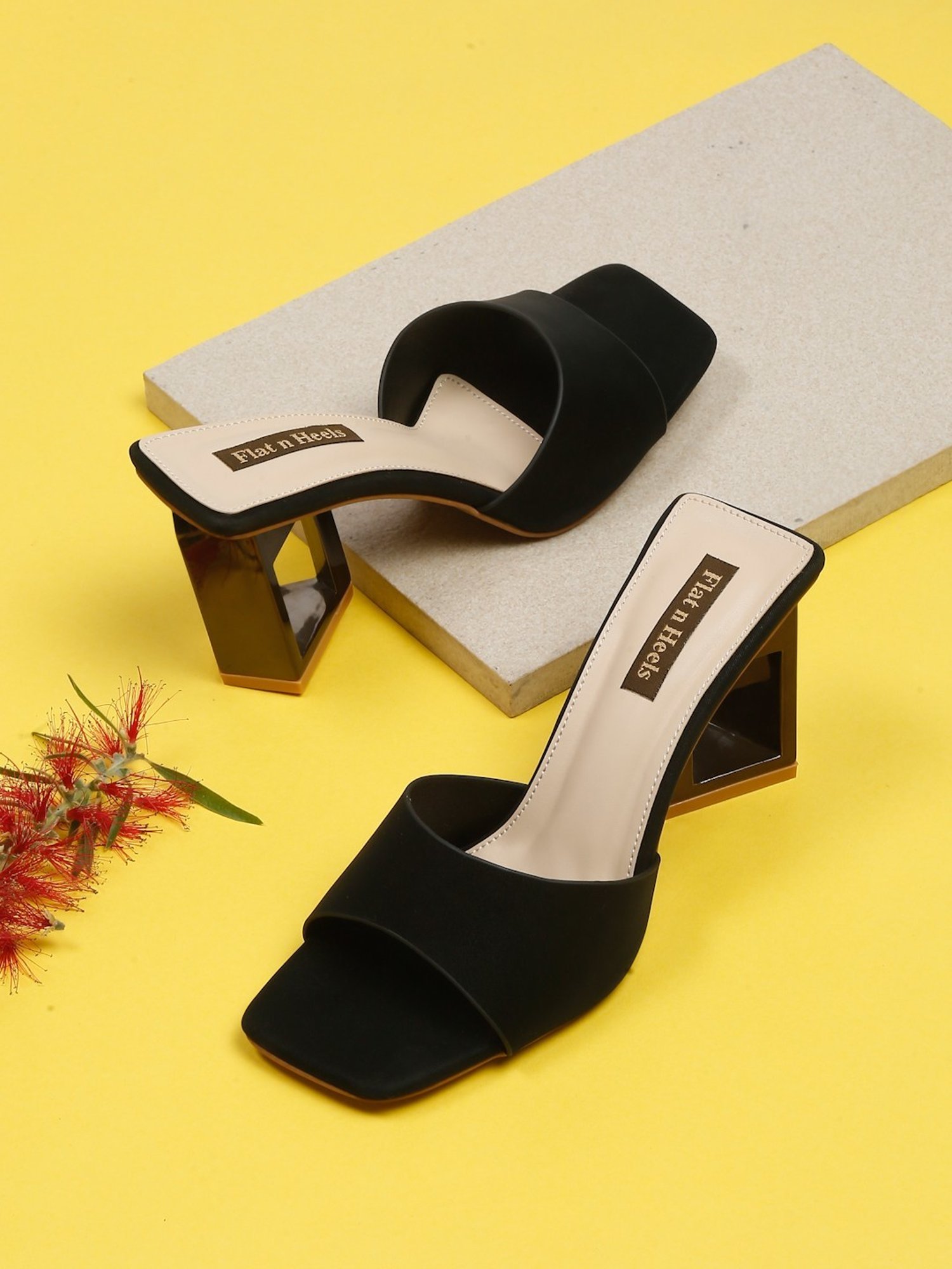 Yellow Gloss Black Strap High Heel Mules | Tajna Shoes – Tajna Club