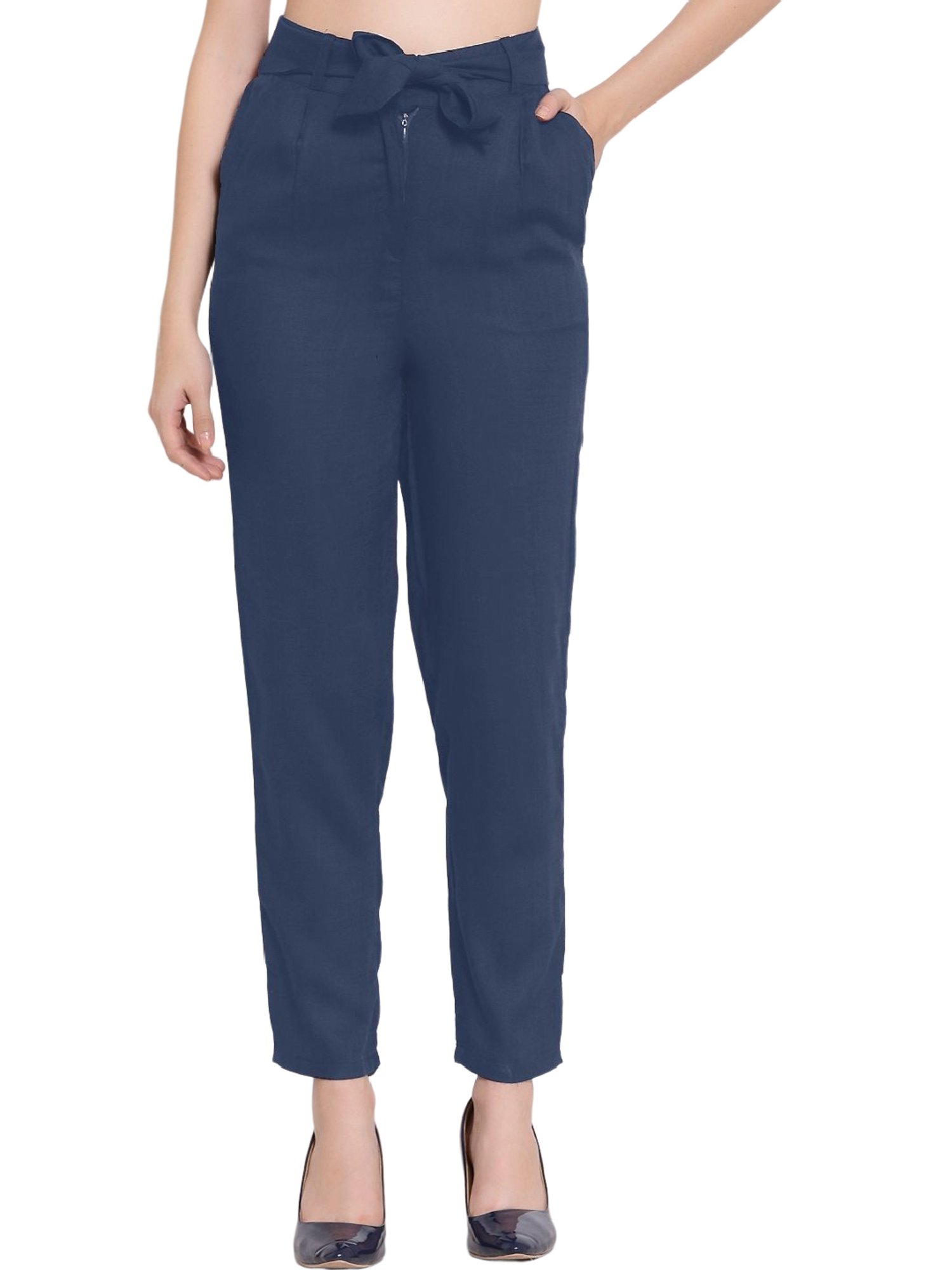 Buy INDYA Women Navy Blue Straight Fit Self Design Cigarette Trousers   Trousers for Women 2452377  Myntra