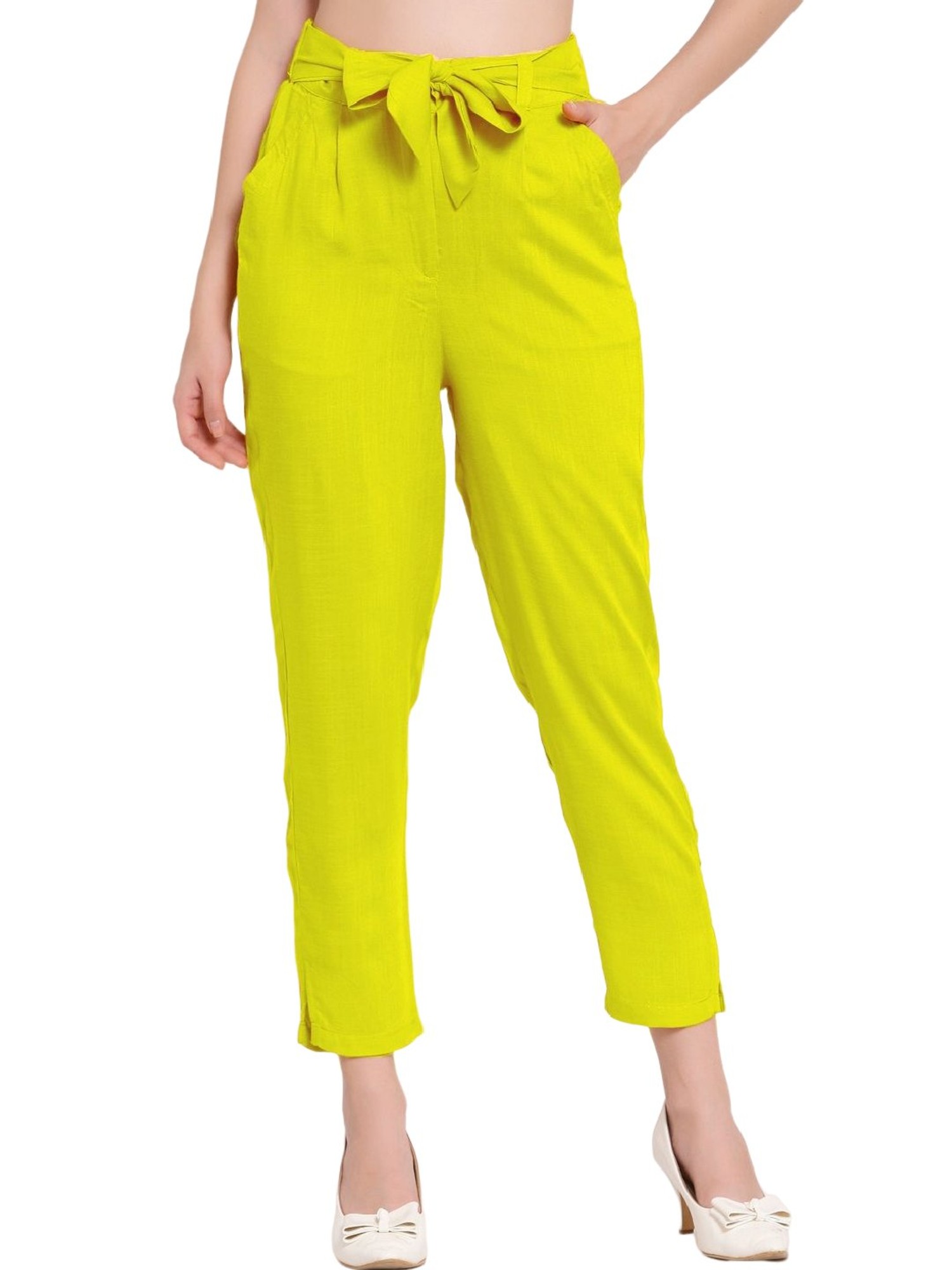 Buy Aayna Aayna Women Yellow Regular Fit Solid Cigarette Trousers at Redfynd