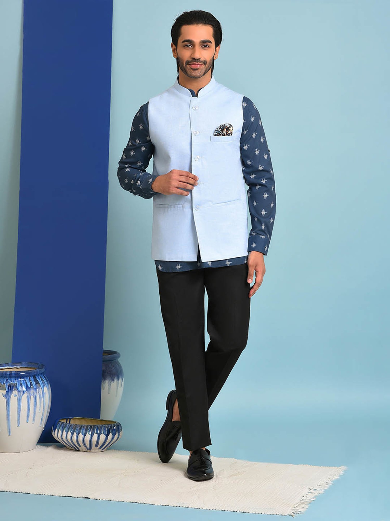 White Kurta Set With Luckhnavi Silk Bottle Green Nehru Jacket