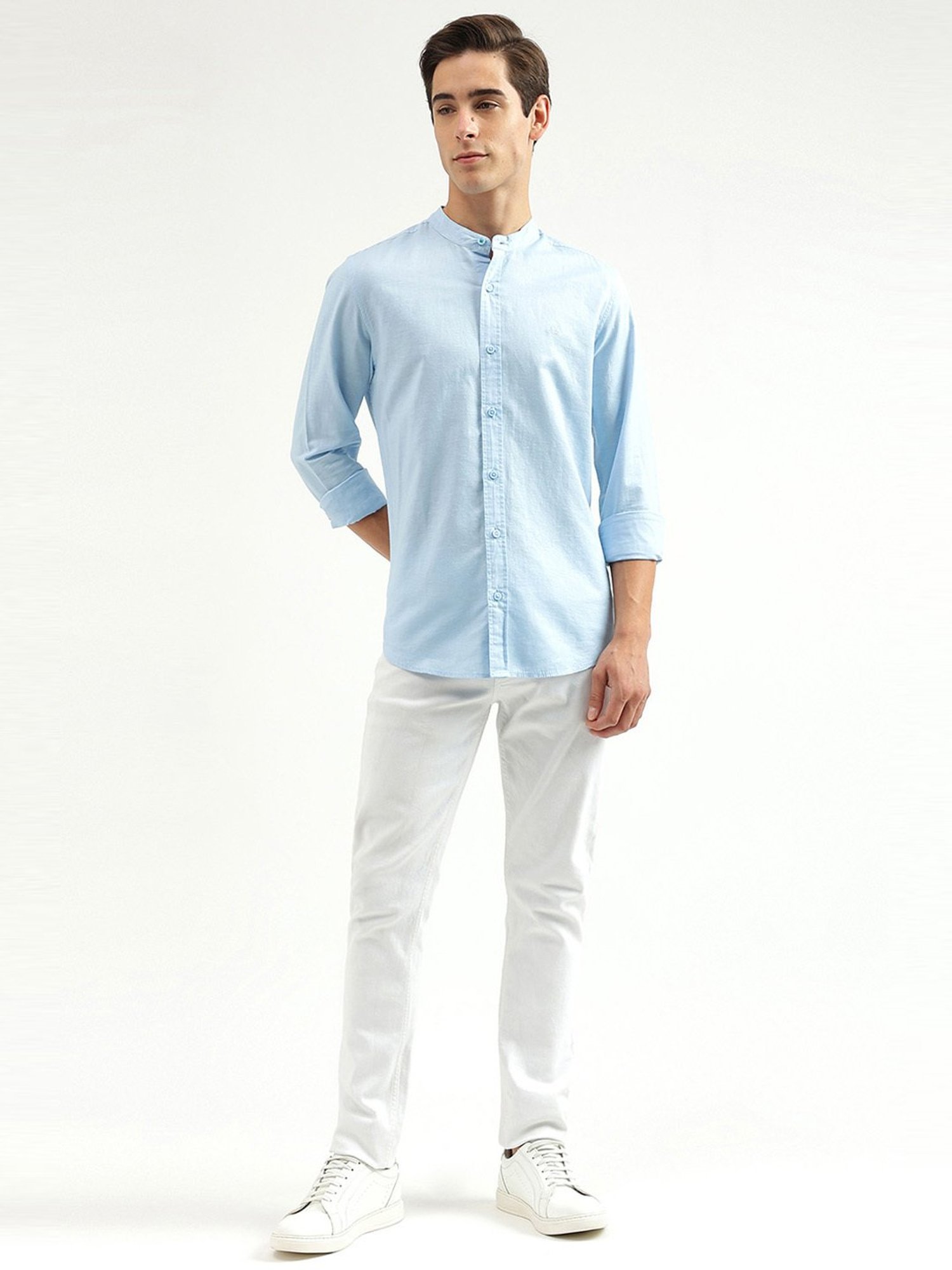 Buy United Colors of Benetton Mandarin collar shirt in linen blend in LIGHT  BLUE 2024 Online