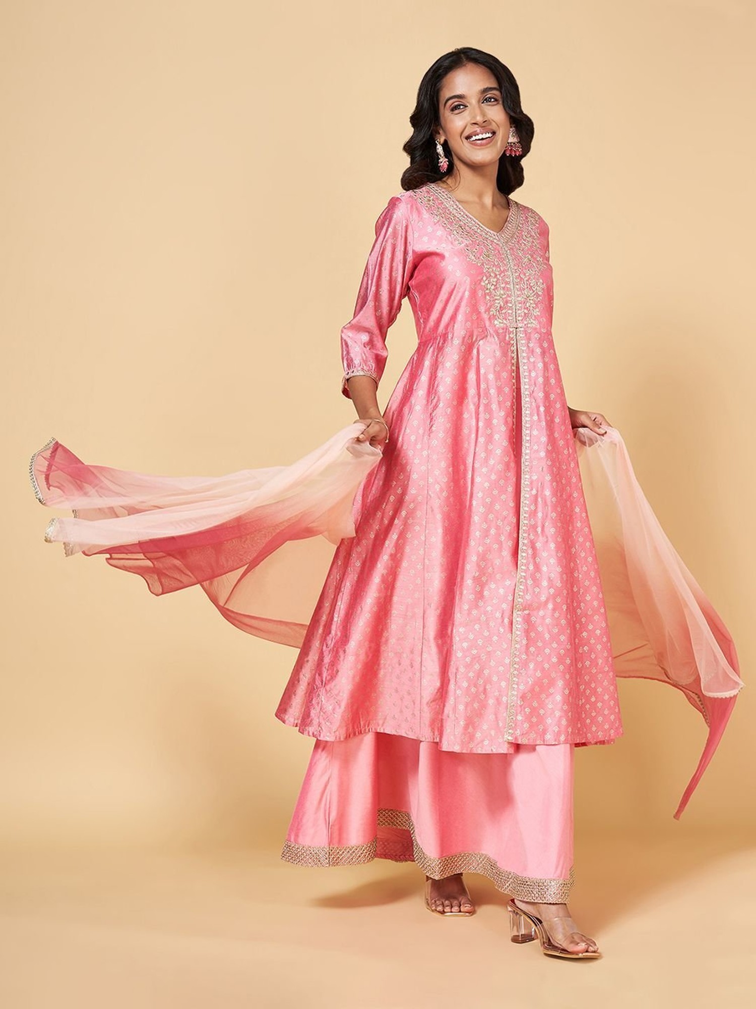 Buy Trishaa by Pantaloons Women's Polyester Flared Churidar Kurta Dupatta  (205000005735862_White_XX-Large) at Amazon.in