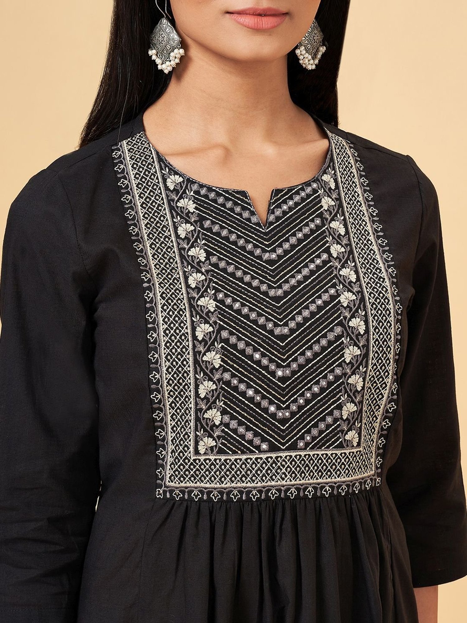 Rangmanch by Pantaloons Black Cotton Embroidered A Line Kurta