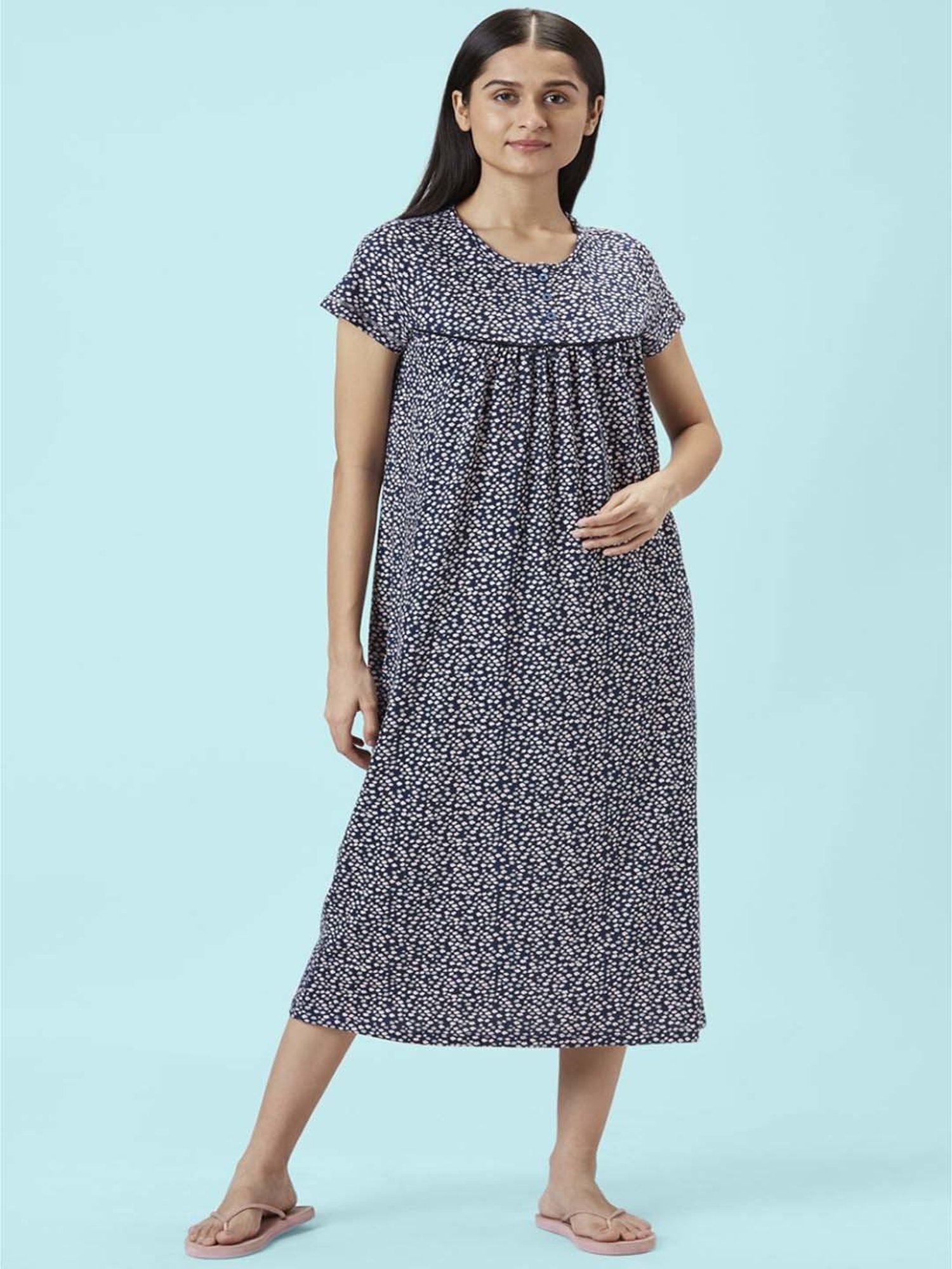 Dreamz by Pantaloons Blue Cotton Printed Night Gown