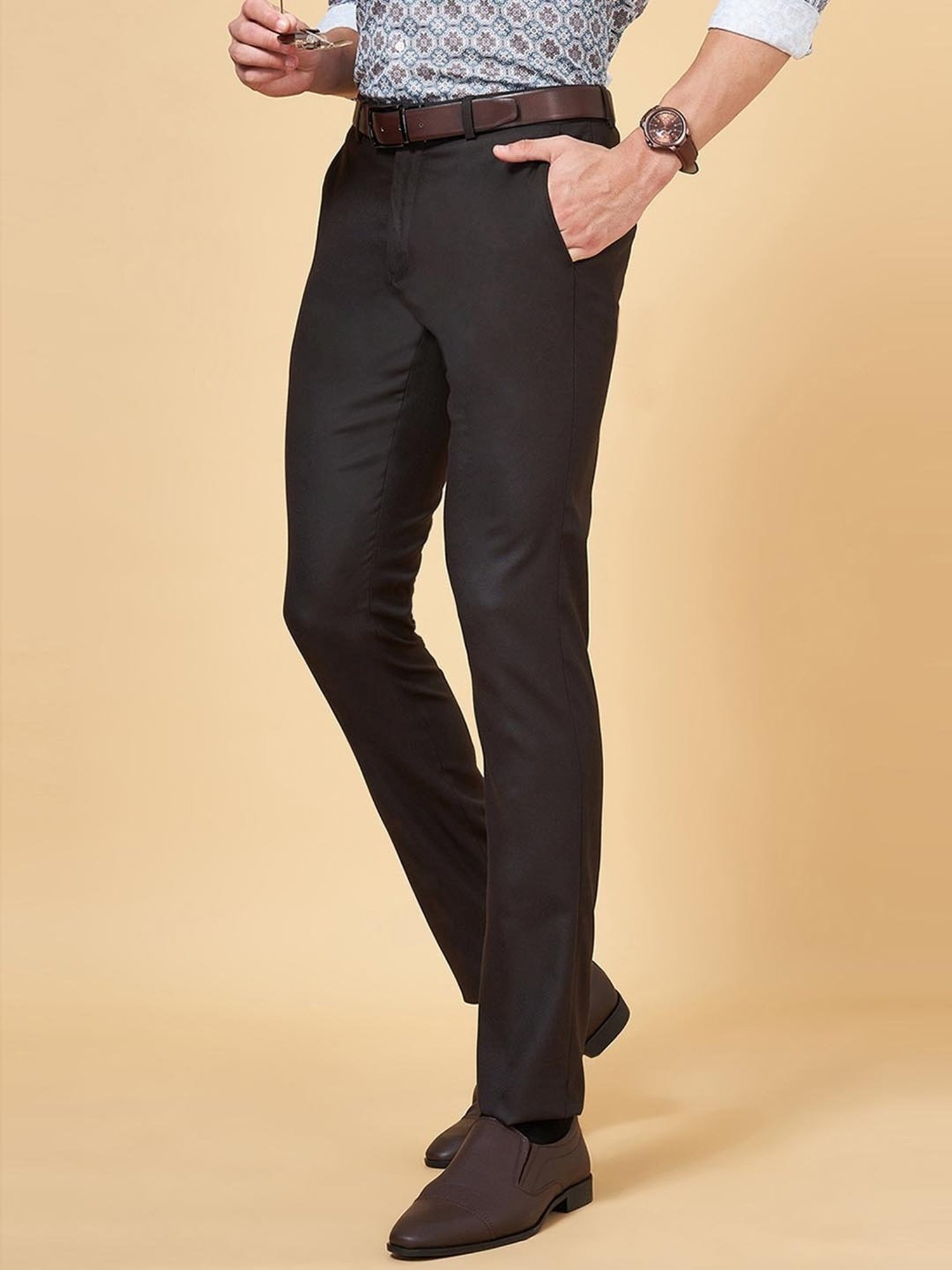 Peregrine by Pantaloons Grey & Blue Slim Fit Flat Front Trousers