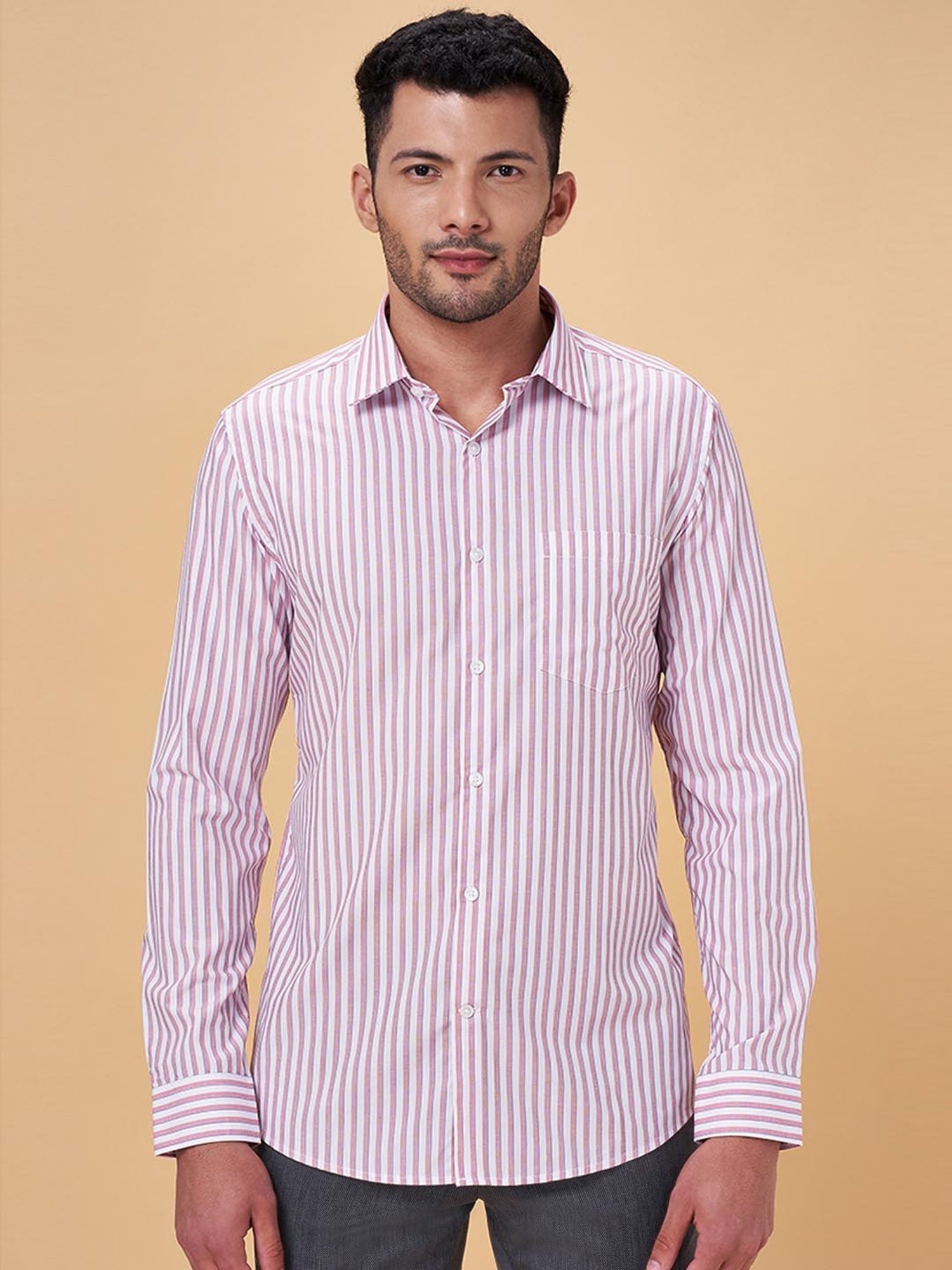 Peregrine by Pantaloons Grey Cotton Slim Fit Striped Shirt