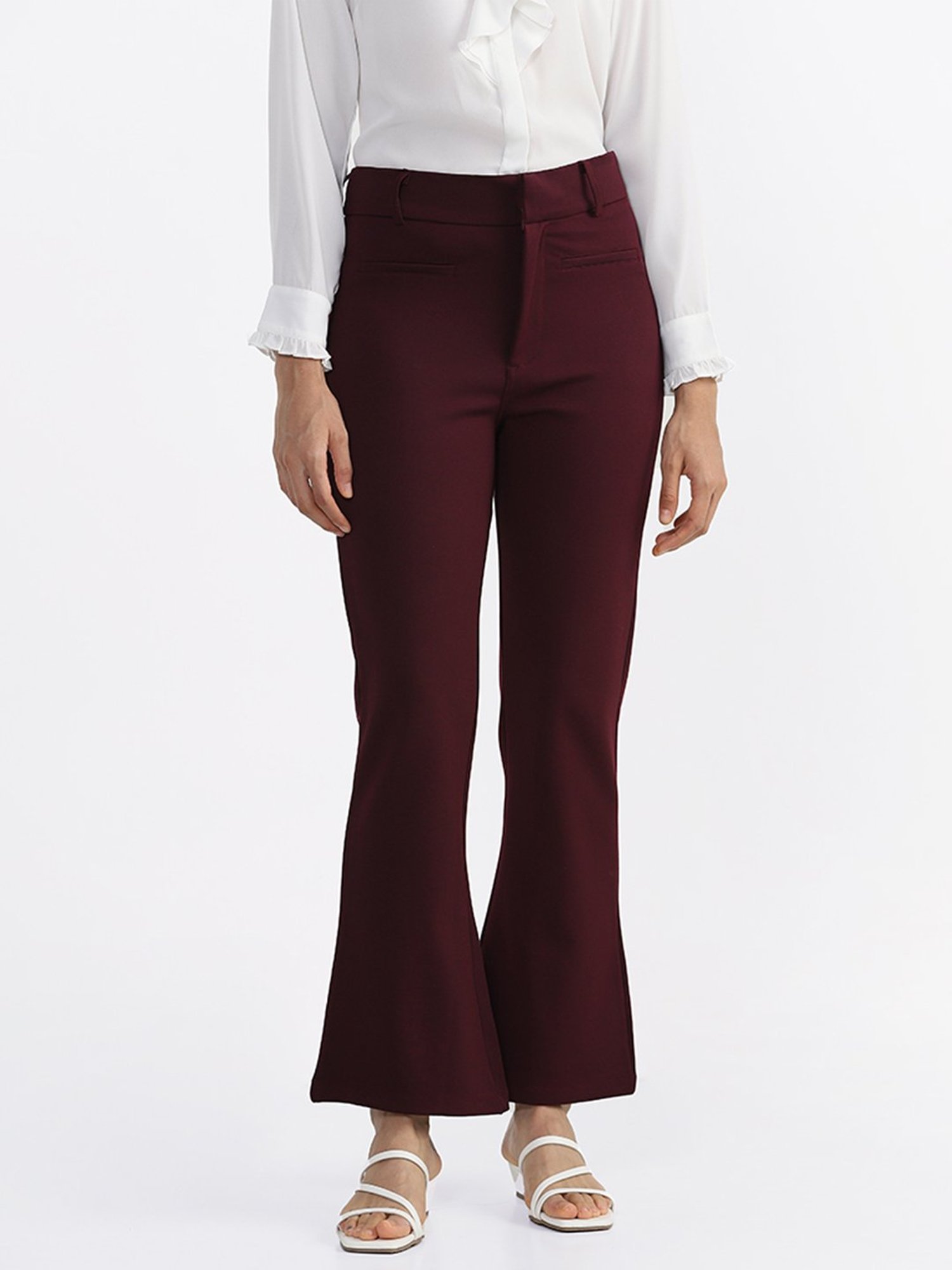 Buy Wardrobe Solid Burgundy Slit Ponte Trousers from Westside