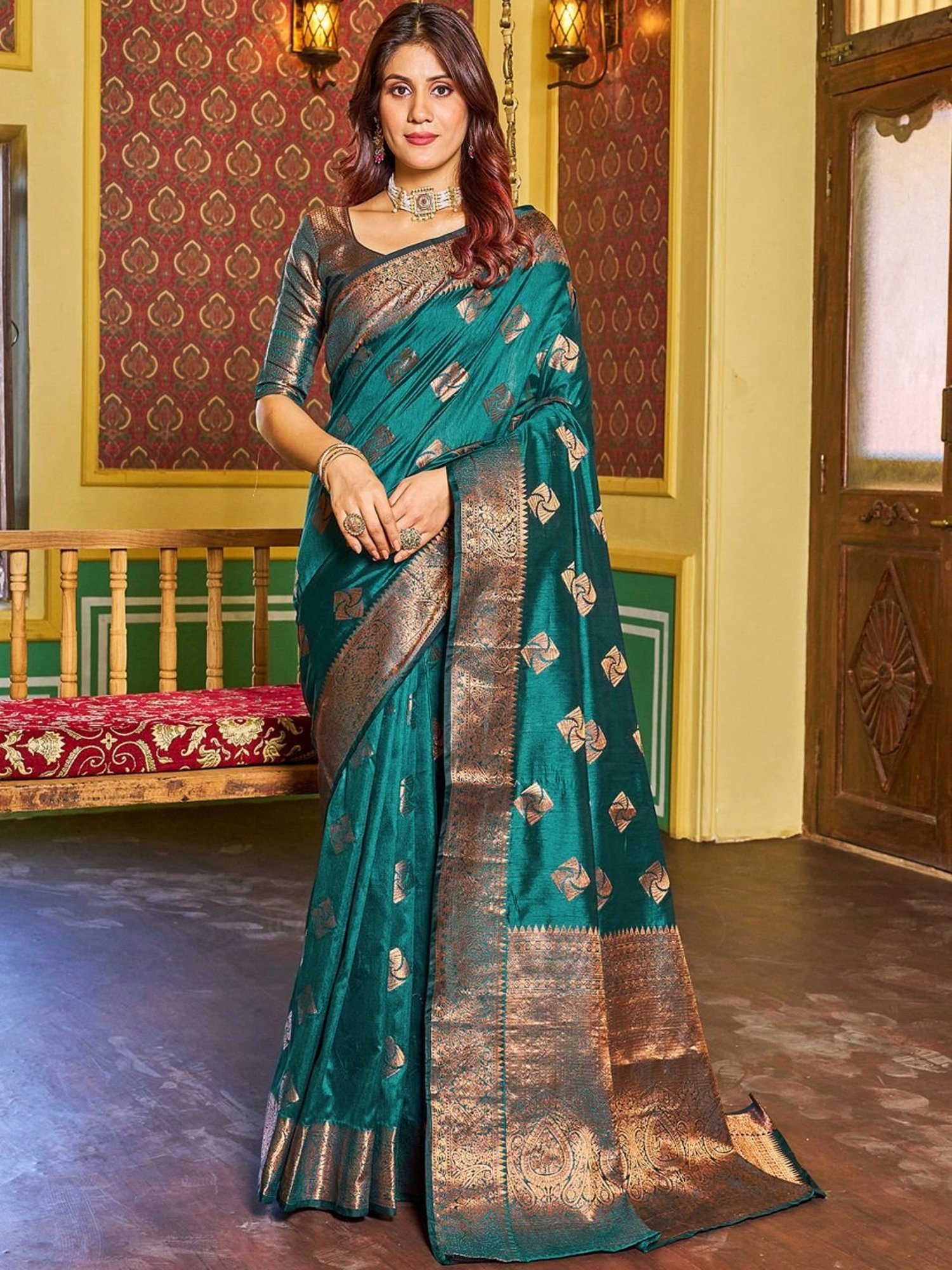 Bottle Green Color Silk Base Half And Half Silk Weave Work Saree