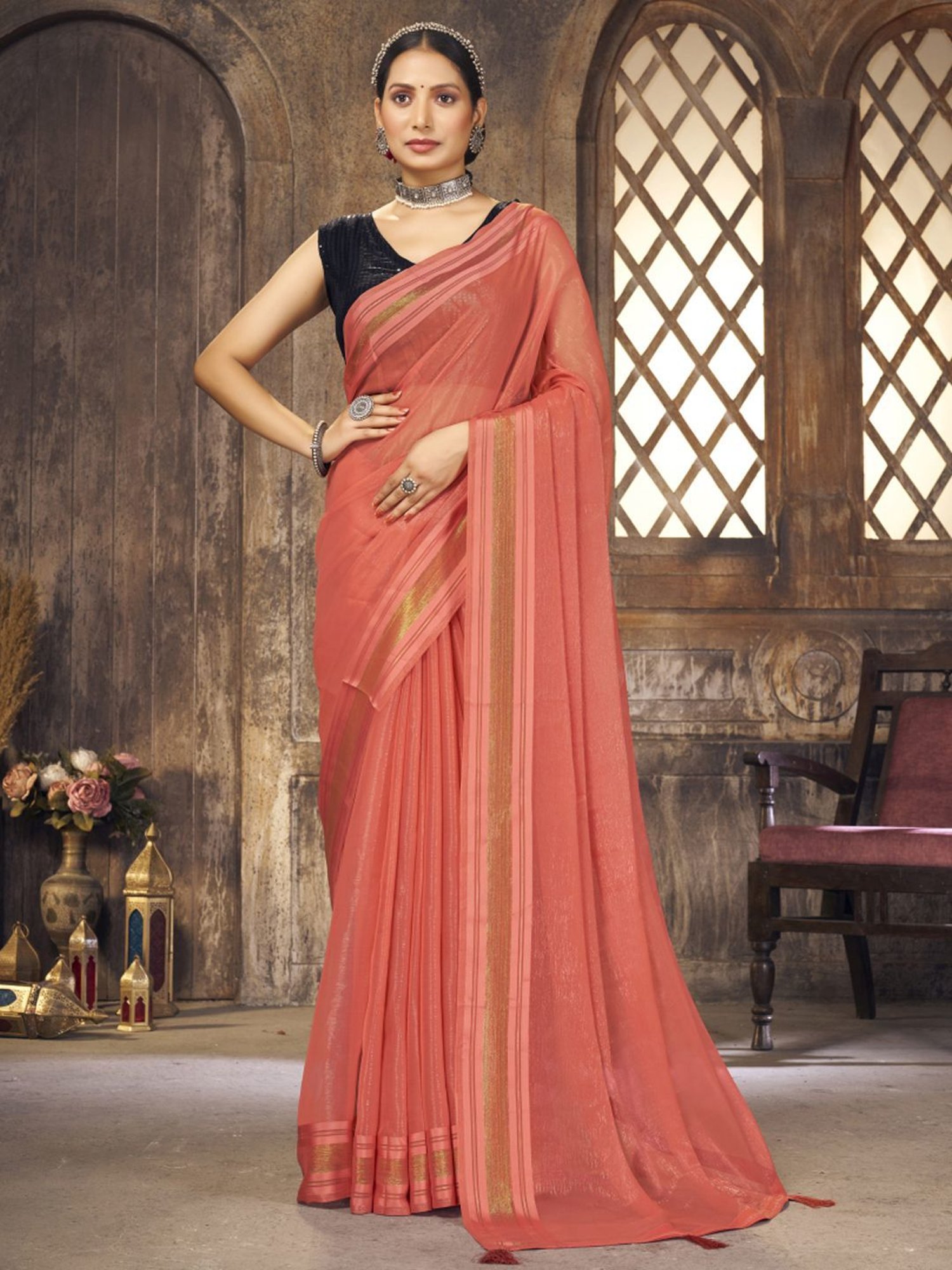 Buy SWIFFIN Plain Vichitra Silk Banarasi Peach Saree For Women/Women Saree  With Unstitched Blouse- DDH-TULSI-PEACH Online at Best Prices in India -  JioMart.