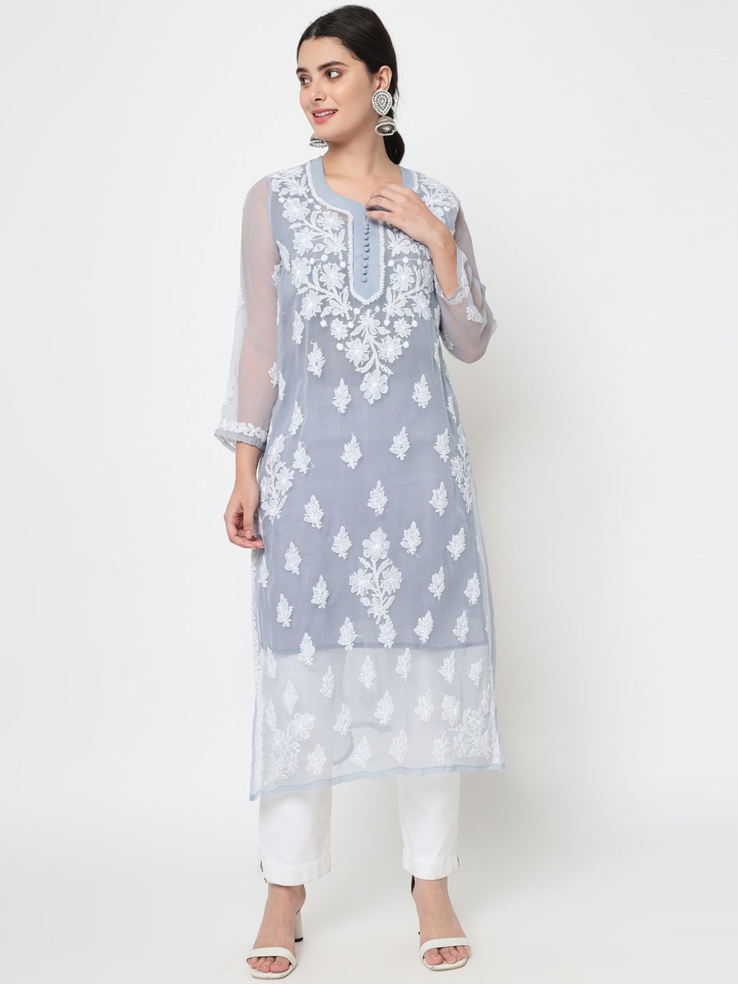 Hand Embroidered Lucknowi Chikan Black and White Georgette Kurti   OnlineChikanCom