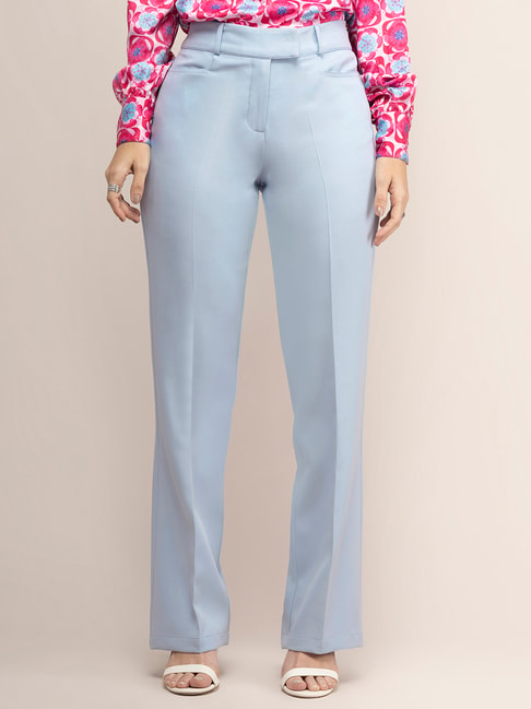 Buy KRAUS Light Blue Solid Skinny Fit Tencel Women's Casual Trousers |  Shoppers Stop