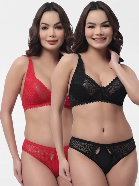 Gracit Black & Red Lace Non-Padded Wireless Bra & Panty Set