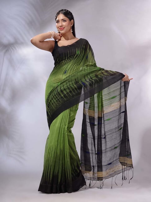 CHARUKRITI Green Black Ikkat Saree With Blouse