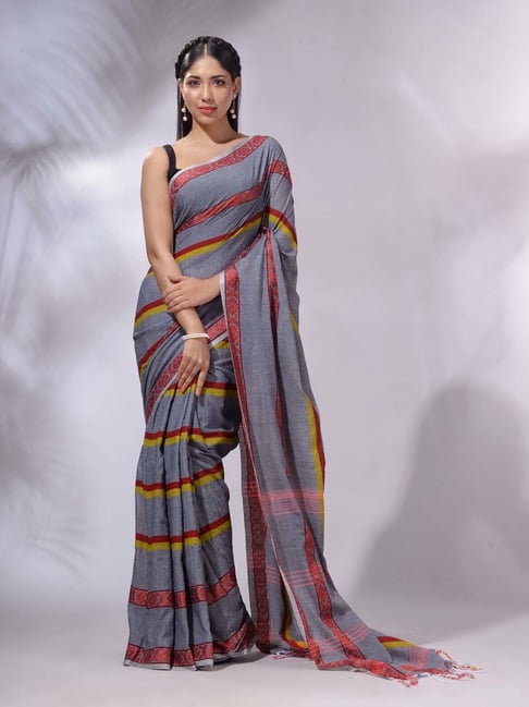 CHARUKRITI Grey Striped Saree With Blouse-image-27