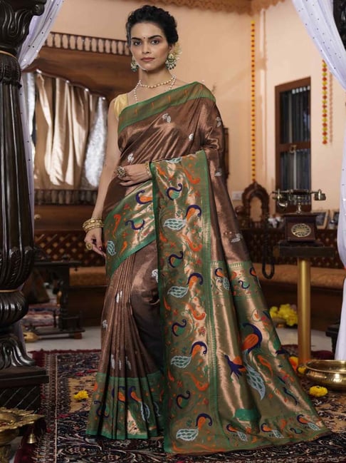 Green And Brown Banarasi Soft Silk Saree With Brocade Blouse – Zari Banaras